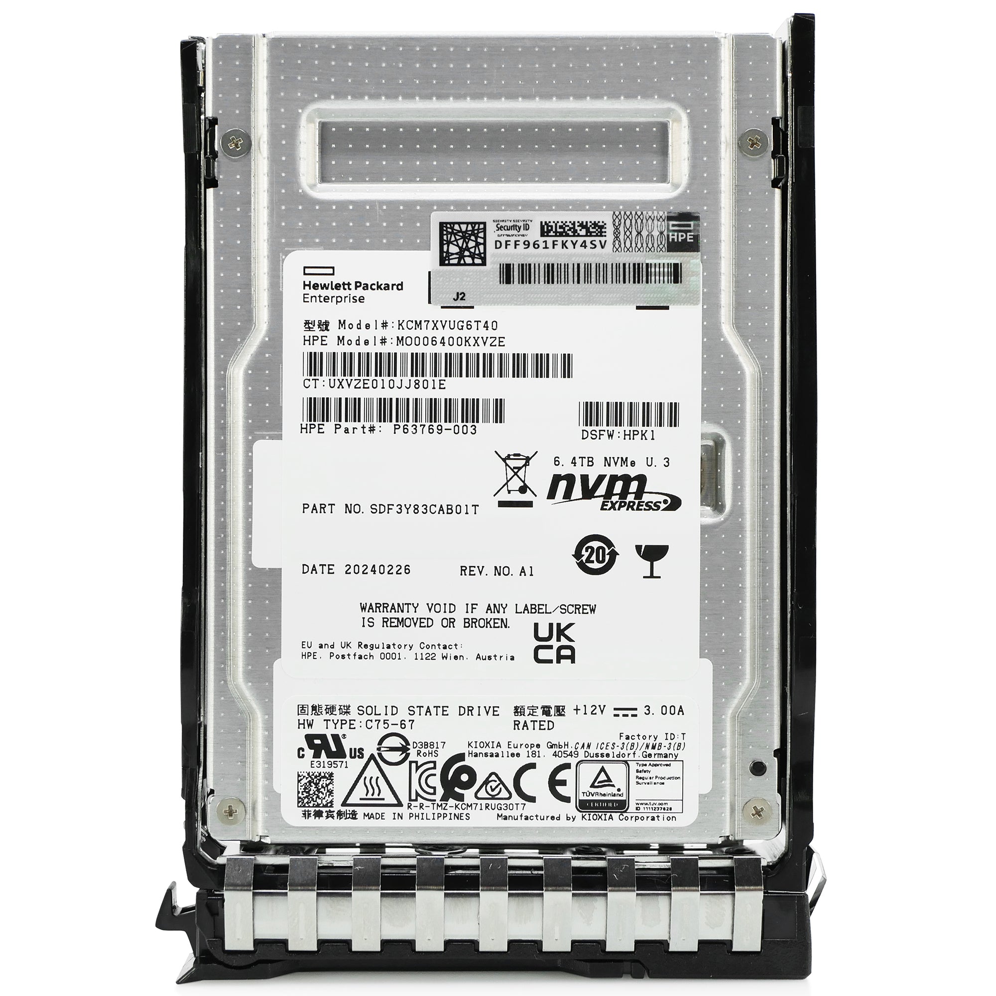 HPE Generation 10+ MO006400KXVZE P63769-003 6.4TB 3 DWPD PCIe Gen 4.0 x4 8GB/s 3D TLC U.3 NVMe 2.5in Solid State Drive