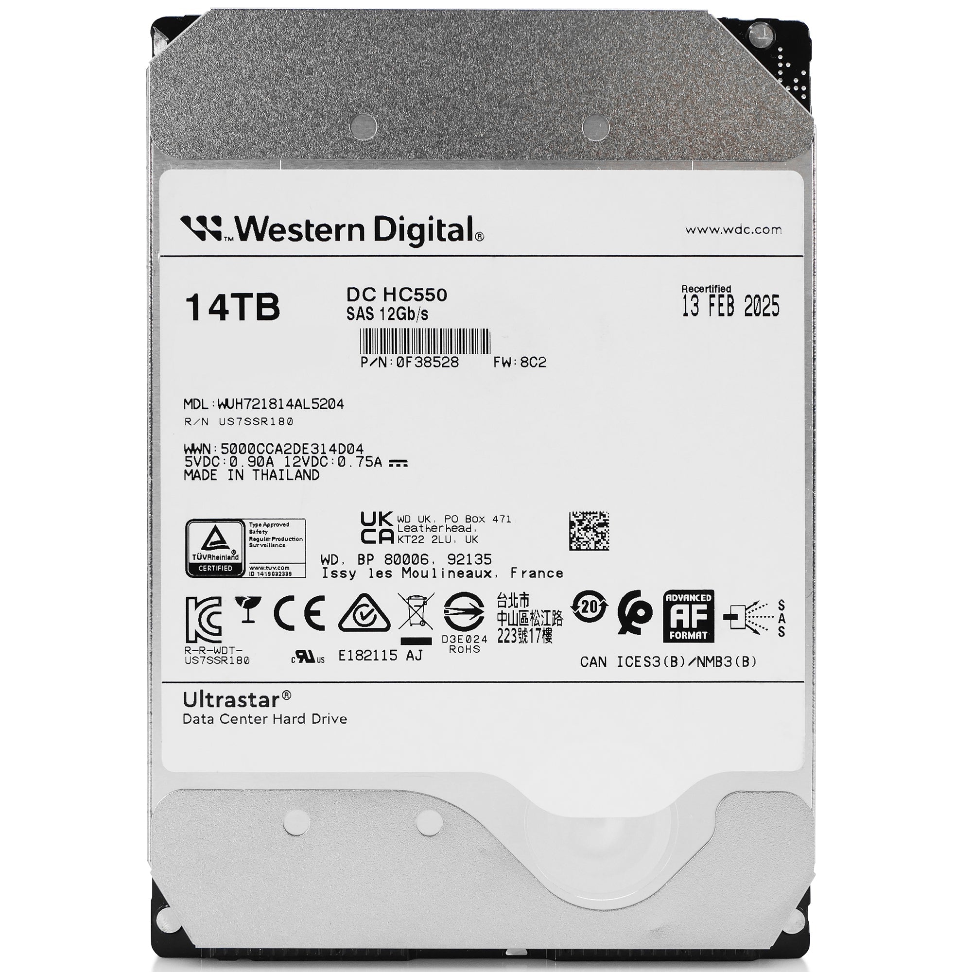Western Digital Ultrastar DC HC550 WUH721814AL5204 0F38528 14TB 7.2K RPM SAS 12Gb/s 512e 3.5in Recertified Hard Drive