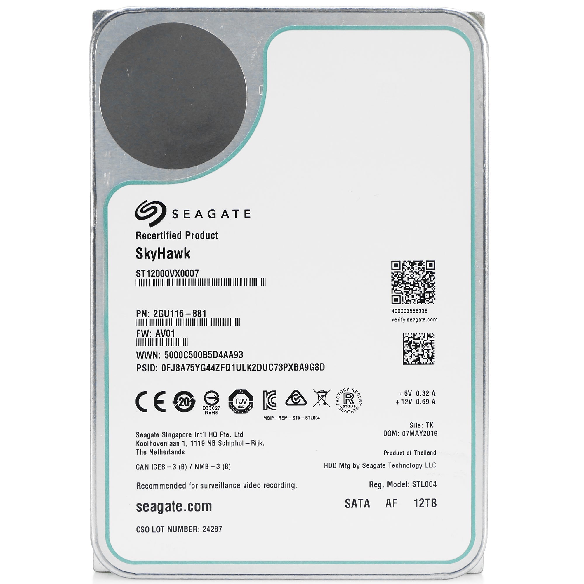 Seagate SkyHawk Surveillance ST12000VX0007 12TB 7.2K RPM SATA 6Gb/s 512e 3.5in Recertified Hard Drive