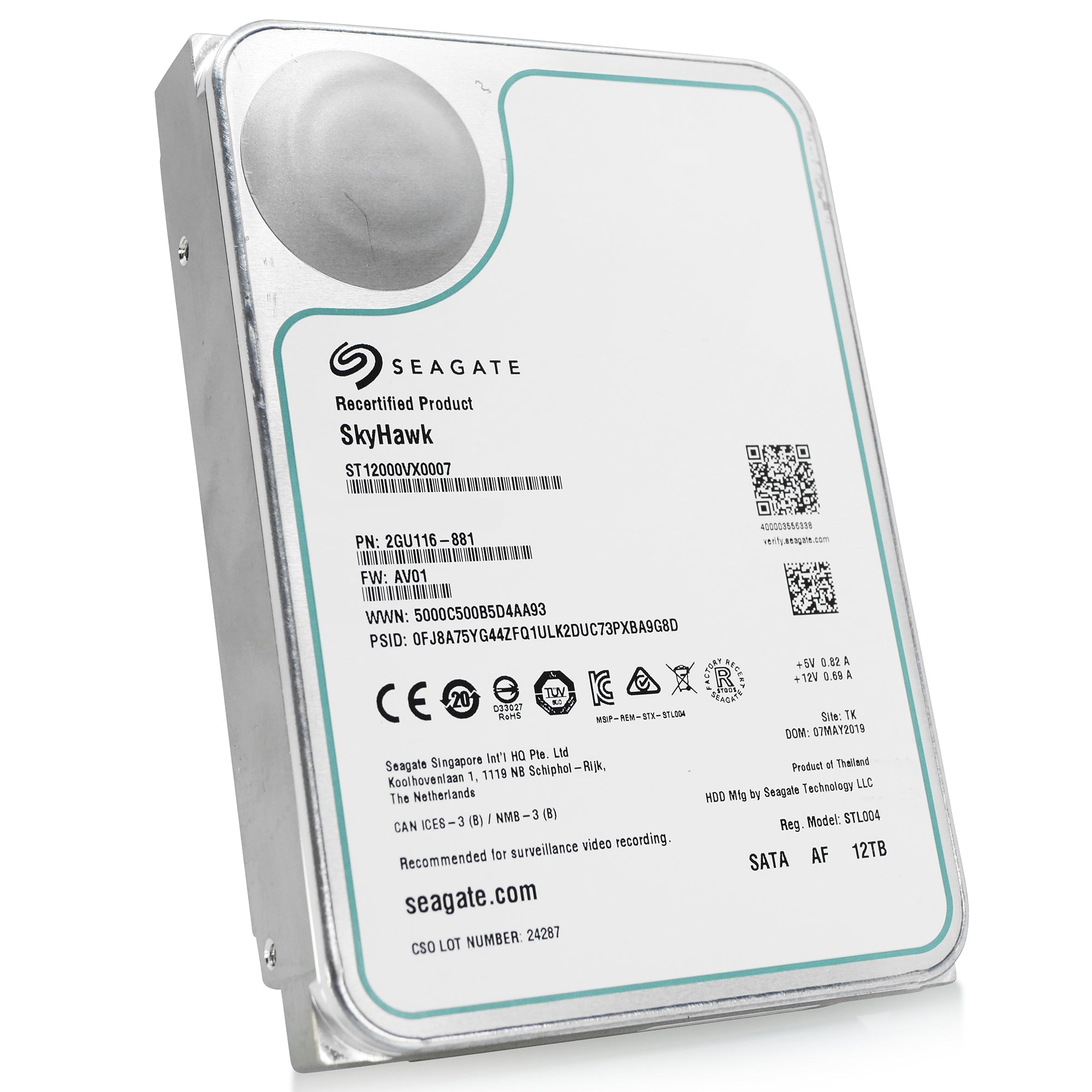 Seagate SkyHawk Surveillance ST12000VX0007 12TB 7.2K RPM SATA 6Gb/s 512e 3.5in Recertified Hard Drive