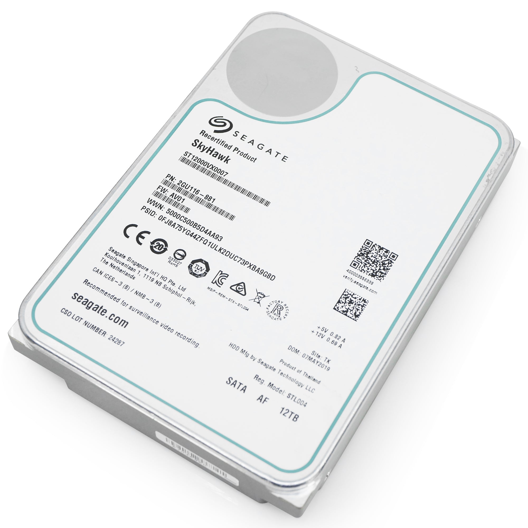 Seagate SkyHawk Surveillance ST12000VX0007 12TB 7.2K RPM SATA 6Gb/s 512e 3.5in Recertified Hard Drive