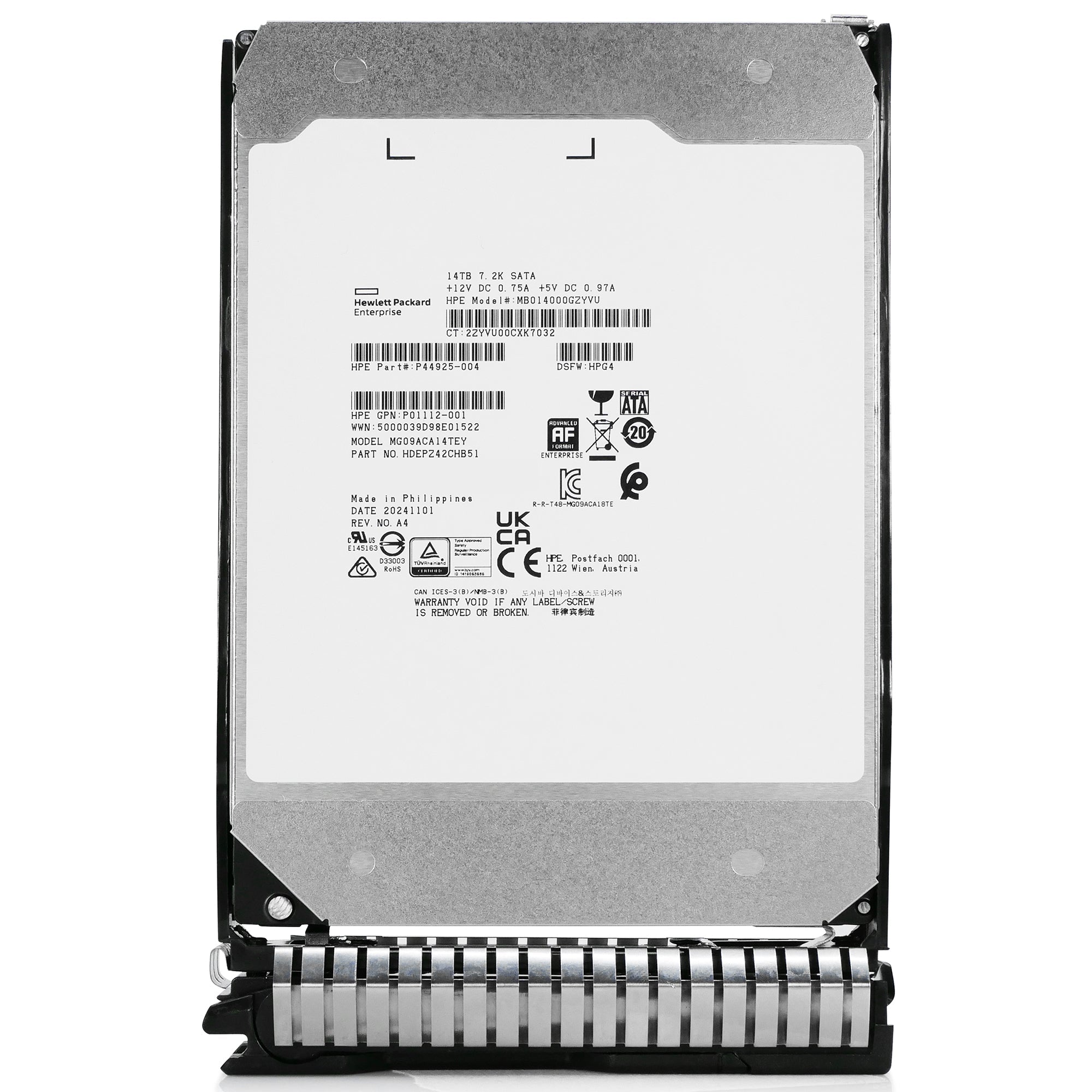 HP Generation 8 MB014000GZYVU P44924-004 14TB 7.2K RPM SATA 6Gb/s 4kn 3.5in Hard Drive