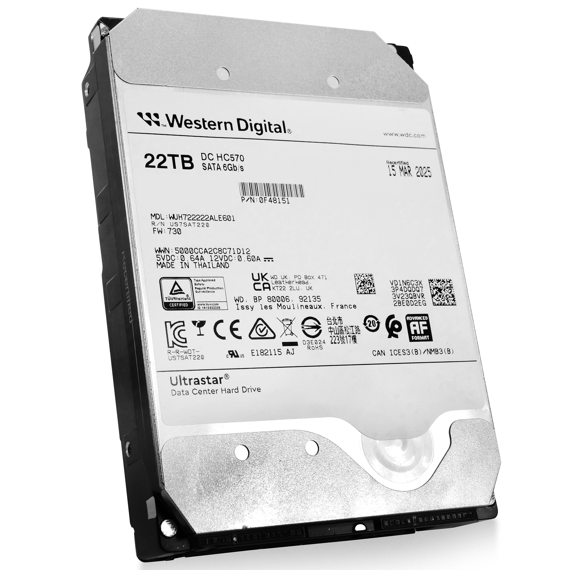 Western Digital Ultrastar DC HC570 WUH722222ALE601 0F48151 22TB 7.2K RPM SATA 6Gb/s 512e 3.5in Recertified Hard Drive