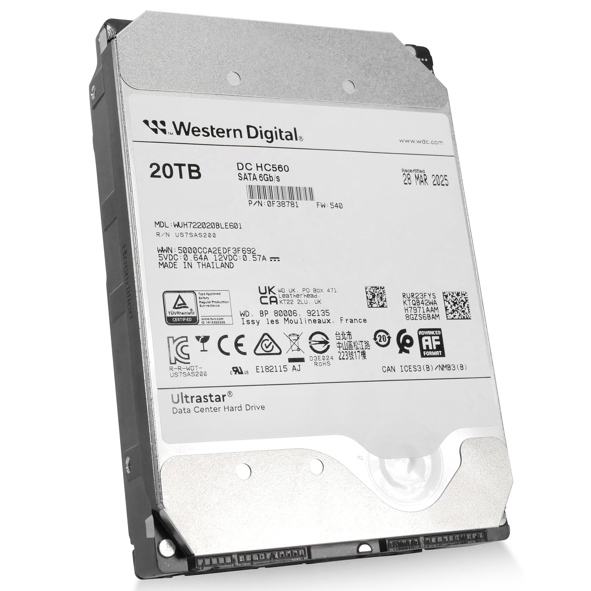 Western Digital Ultrastar DC HC560 WUH722020BLE601 0F38781 20TB 7.2K RPM SATA 6Gb/s 512e 3.5in Refurbished HDD