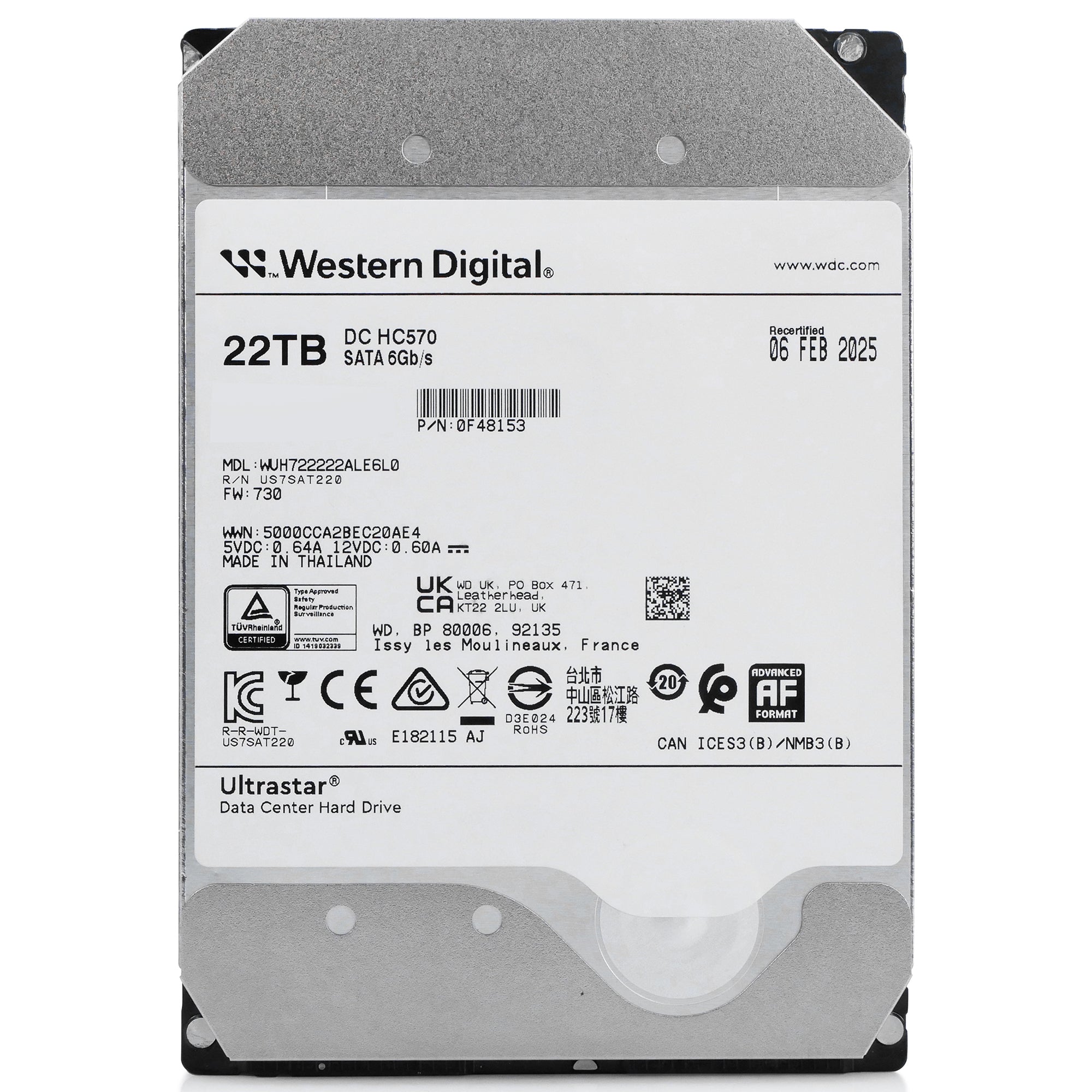 Western Digital Ultrastar DC HC HC570 WUH722222ALE6L0 0F48153 22TB 7.2K RPM SATA 6Gb/s 512e 3.5in Hard Drive
