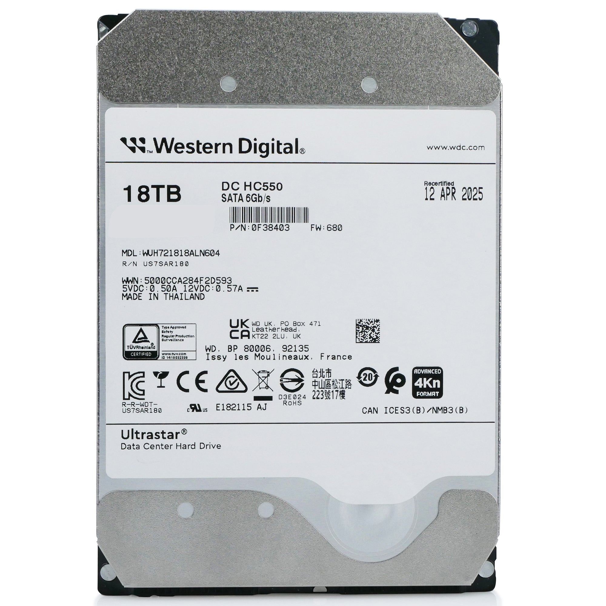 Western Digital Ultrastar DC HC550 WUH721818ALN604 0F38403 18TB 7.2K RPM SATA 6Gb/s 4Kn 3.5in Recertified Hard Drive