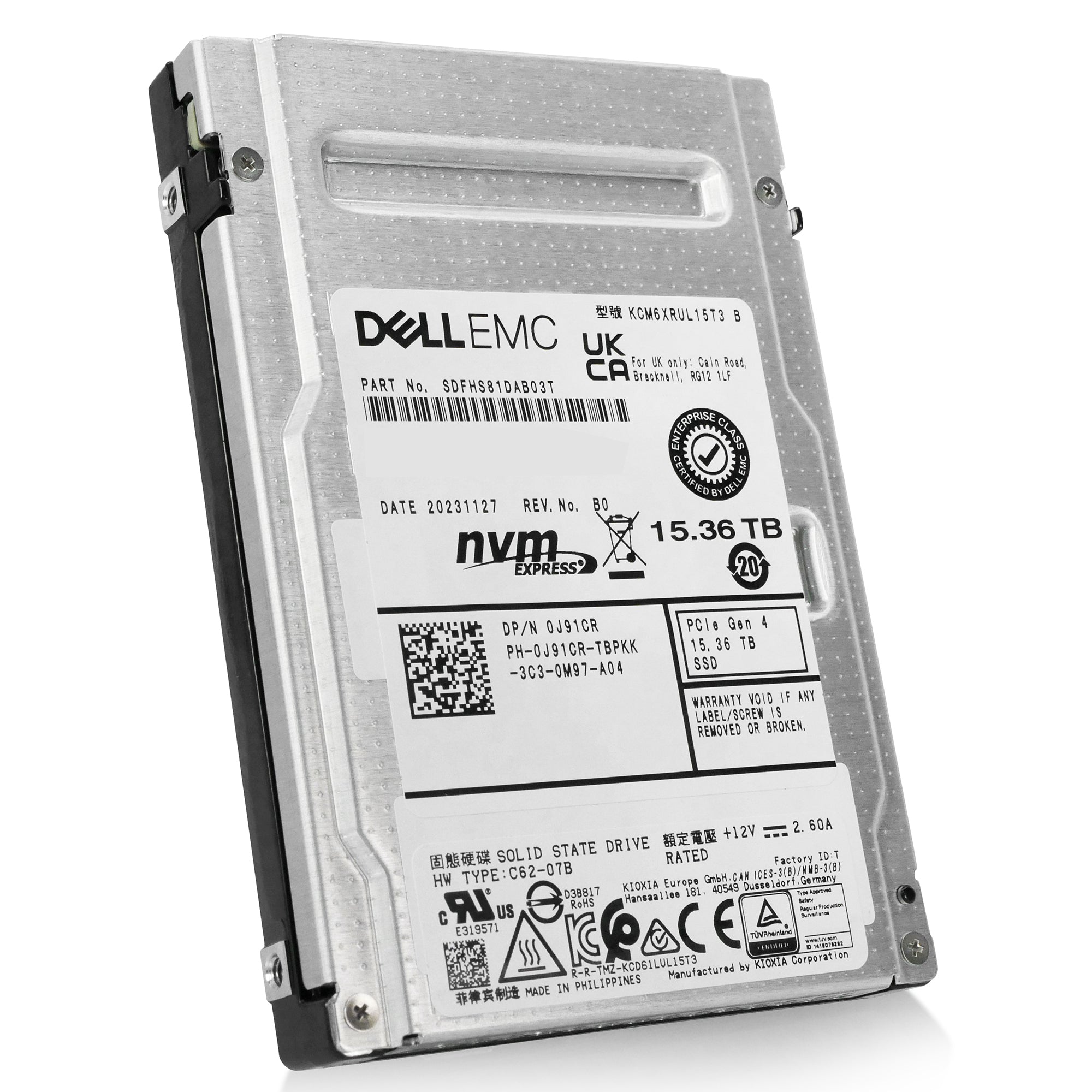 Dell/Kioxia CM6-R KCM6XRUL15T3 15.36TB 1 DWPD PCIe Gen 4.0 x4 8GB/s 3D TLC U.3 NVMe 2.5in Refurbished SSD
