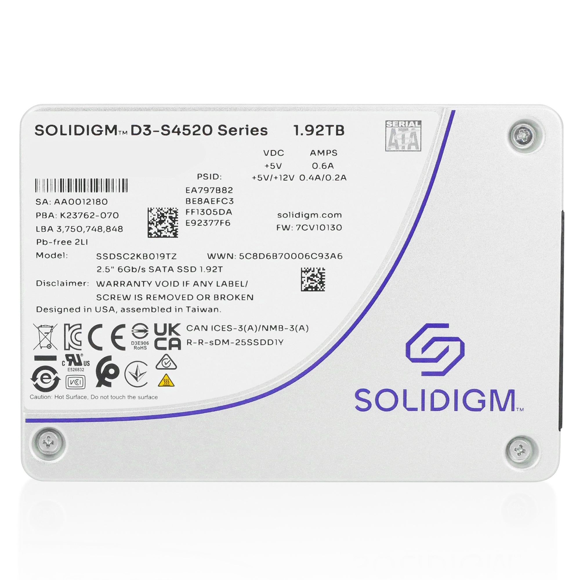 Solidigm/Intel D3-S4520 SSDSC2KB019TZ1Z 1.92TB 1 DWPD SATA 6Gb/s 3D TLC 2.5in Refurbished SSD