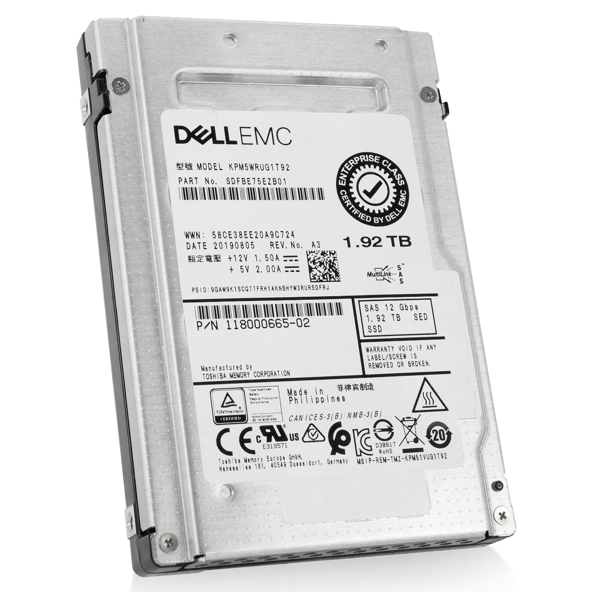 Dell/Kioxia PM5-R KPM5WRUG1T92 1.92TB 1 DWPD SAS 12Gb/s 3D TLC 2.5in Refurbished SSD
