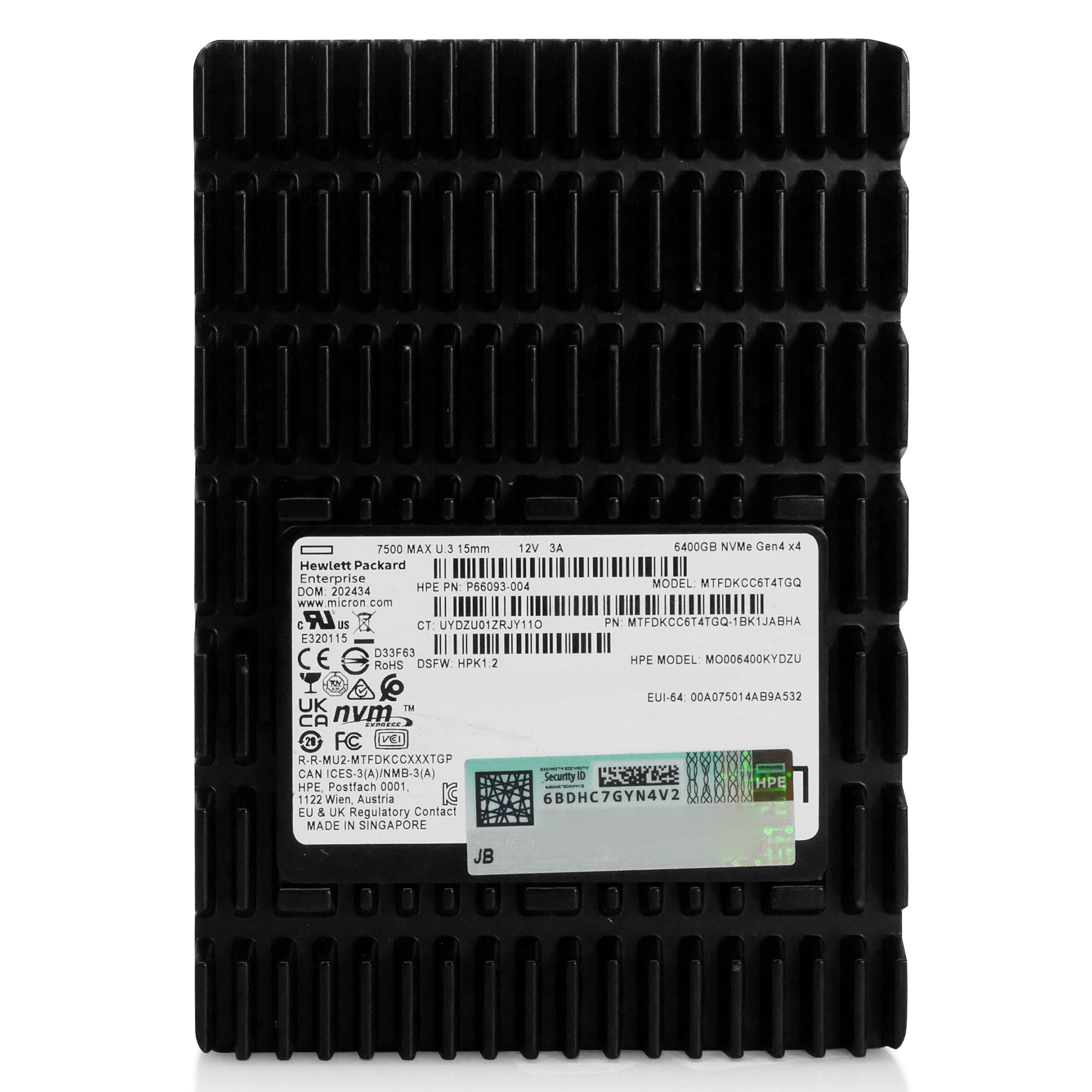 HP/Micron 7500 MAX MTFDKCC6T4TGQ 6.4TB PCIe Gen 4.0 x4 8GB/s 3D TLC U.3 NVMe 2.5in Refurbished SSD