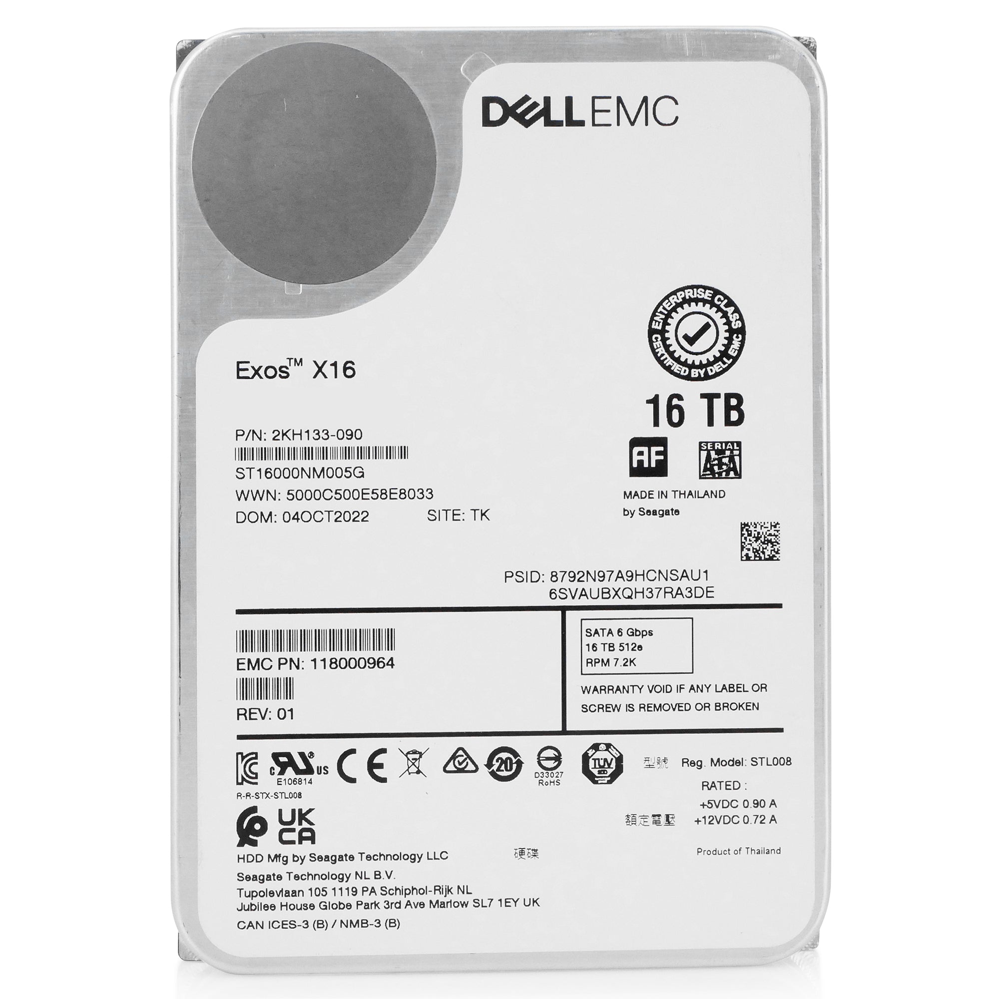 Dell/Seagate Exos X16 ST16000NM005G 16TB 7.2K RPM SATA 6Gb/s 4Kn CMR 3.5in Refurbished HDD