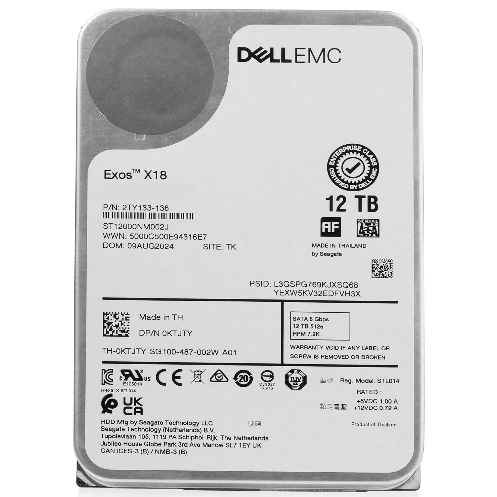 Dell/Seagate Exos X18 ST12000NM002J 12TB 7.2K RPM SATA 6Gb/s 512e 3.5in Hard Drive