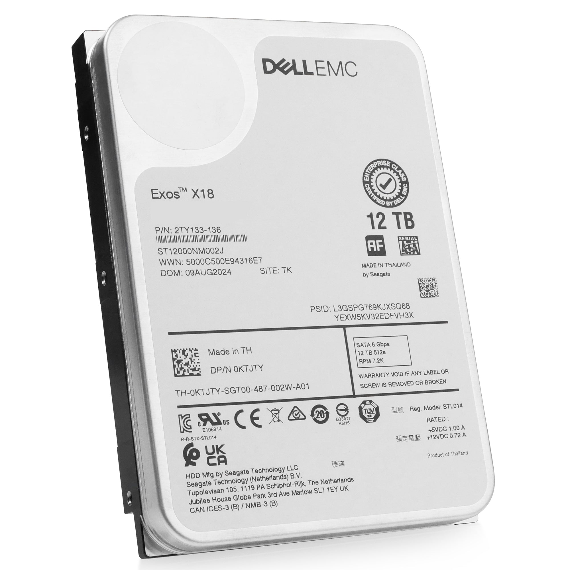 Dell/Seagate Exos X18 ST12000NM002J 12TB 7.2K RPM SATA 6Gb/s 512e 3.5in Hard Drive