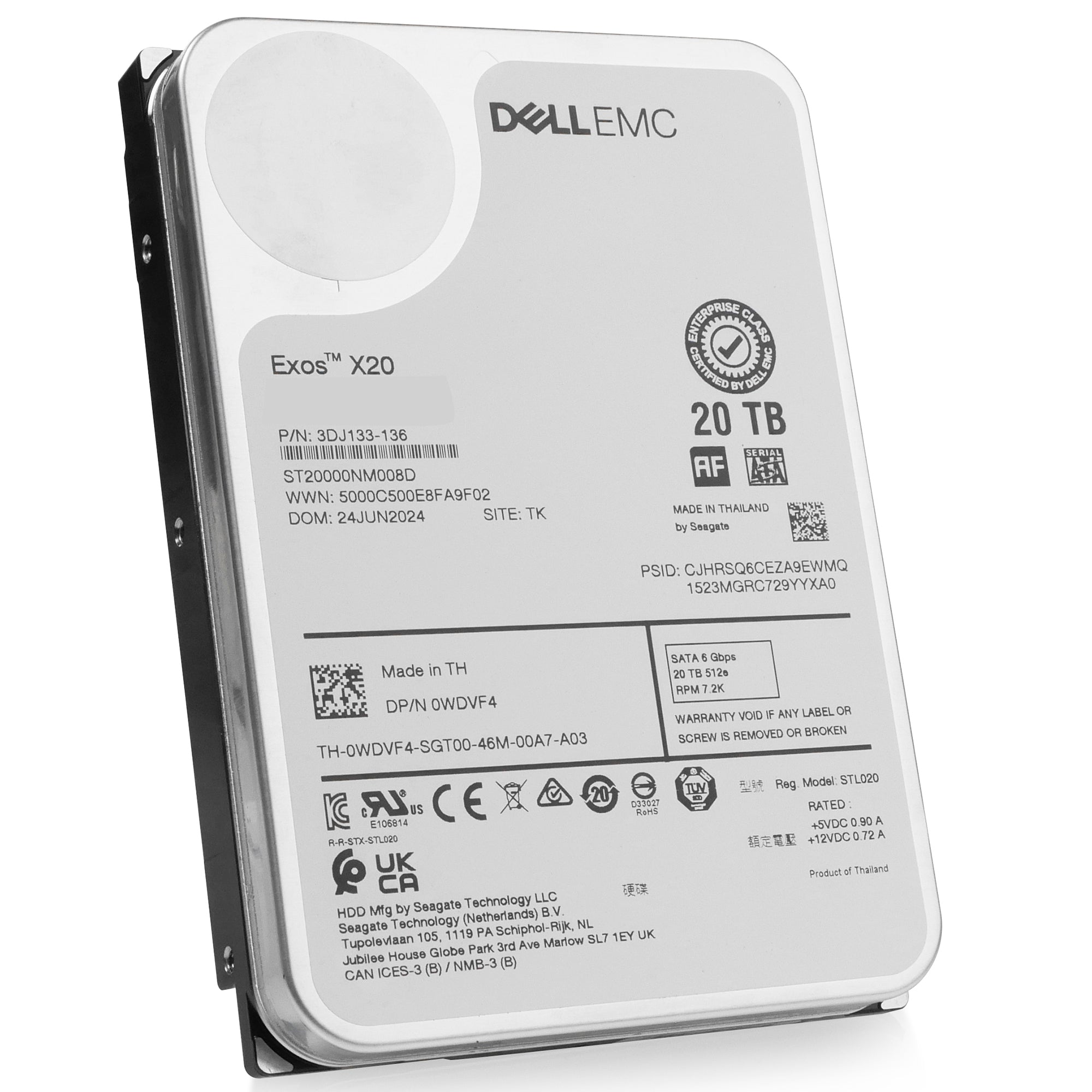 Dell/Seagate Exos X20 ST20000NM008D 20TB 7.2K RPM SATA 6Gb/s 512e 3.5in Hard Drive