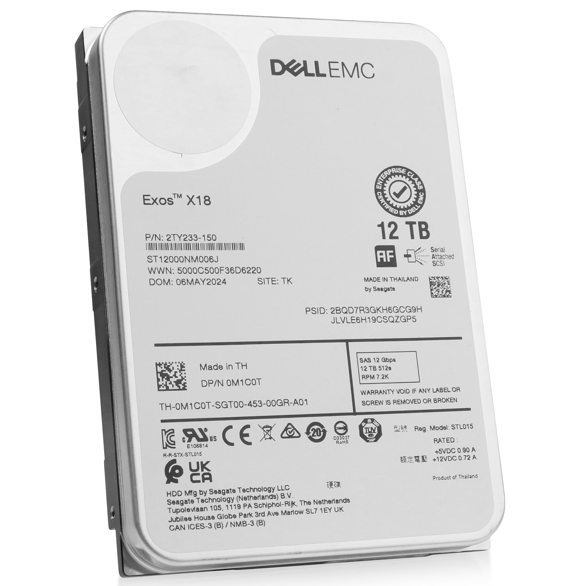 Dell/Seagate Exos X16 ST12000NM006J 12TB 7.2K RPM SAS 12Gb/s 512e 3.5in Refurbished HDD