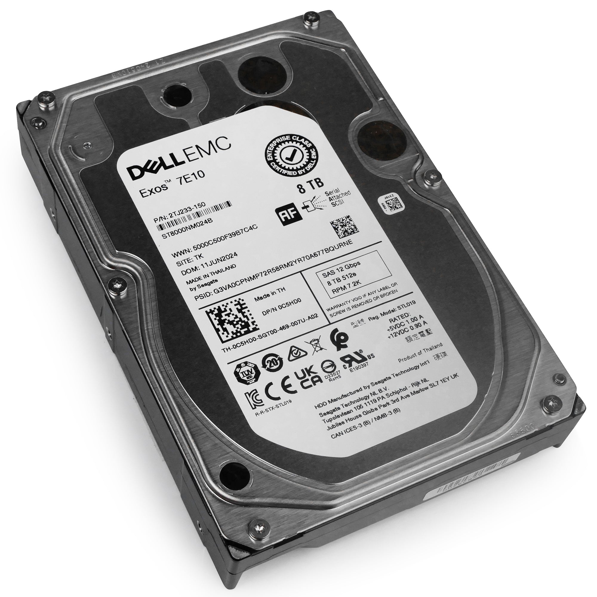 Dell/Seagate Exos 7E10 ST8000NM024B 8TB 7.2K RPM SAS 12Gb/s 512e 3.5in Hard Drive