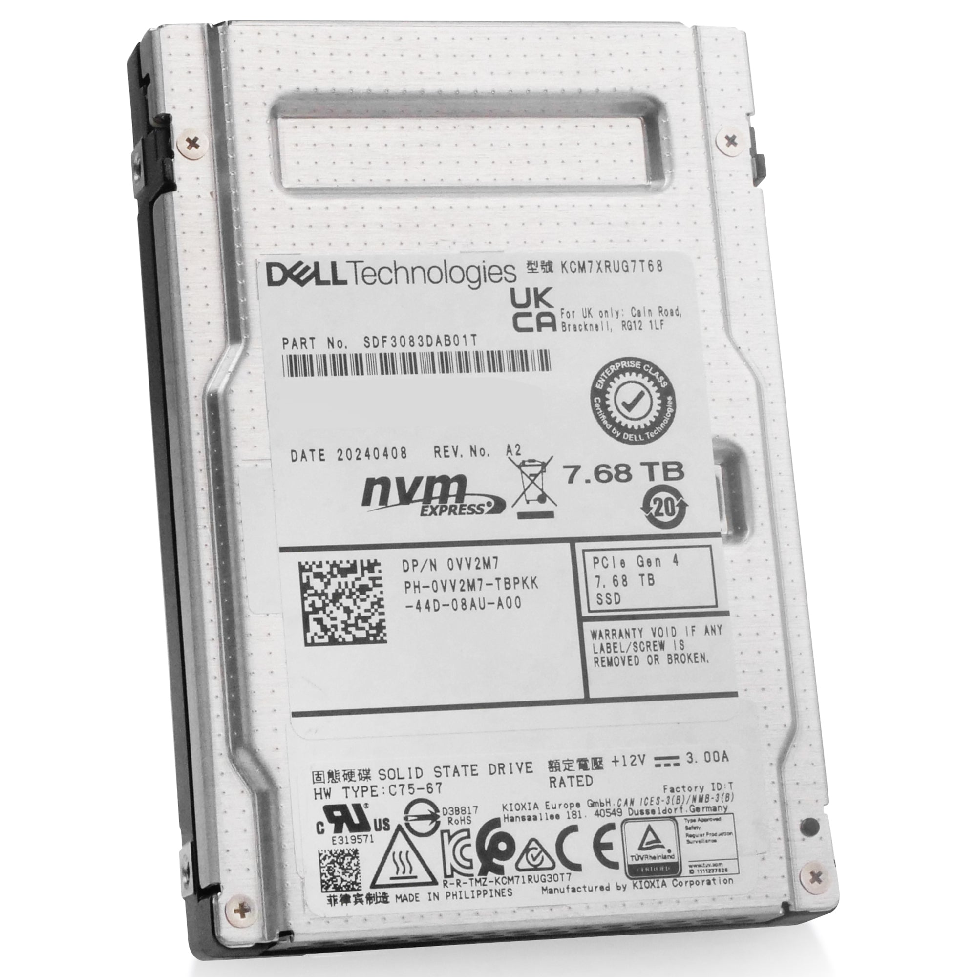 Dell/Kioxia CM7-R KCM7XRUG7T68 7.68TB 1 DWPD PCIe Gen 4.0 x4 8GB/s 3D TLC U.2 NVMe 2.5in Solid State Drive