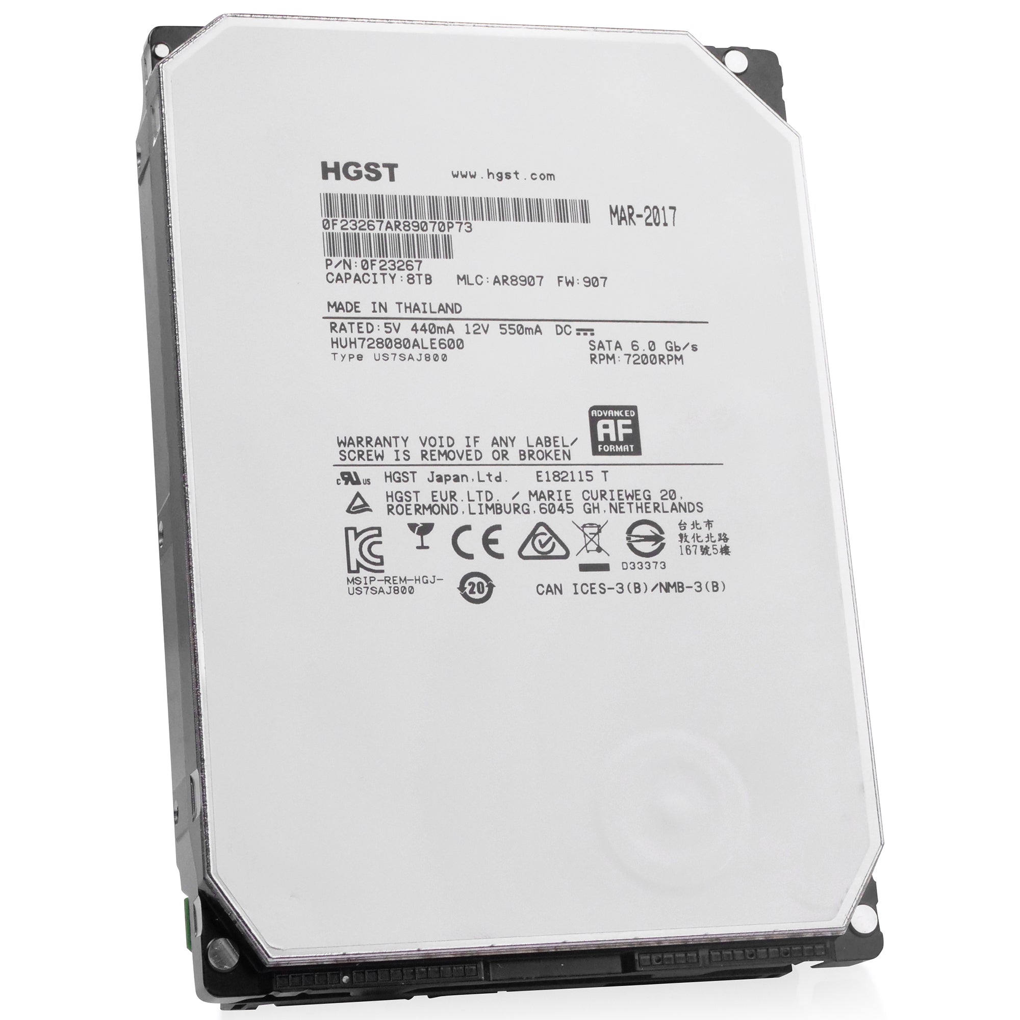 HGST Ultrastar He8 HUH728080ALE600 0F23267 8TB 7.2K RPM SATA 6Gb/s 512e 128MB 3.5" ISE HDD, front angled view