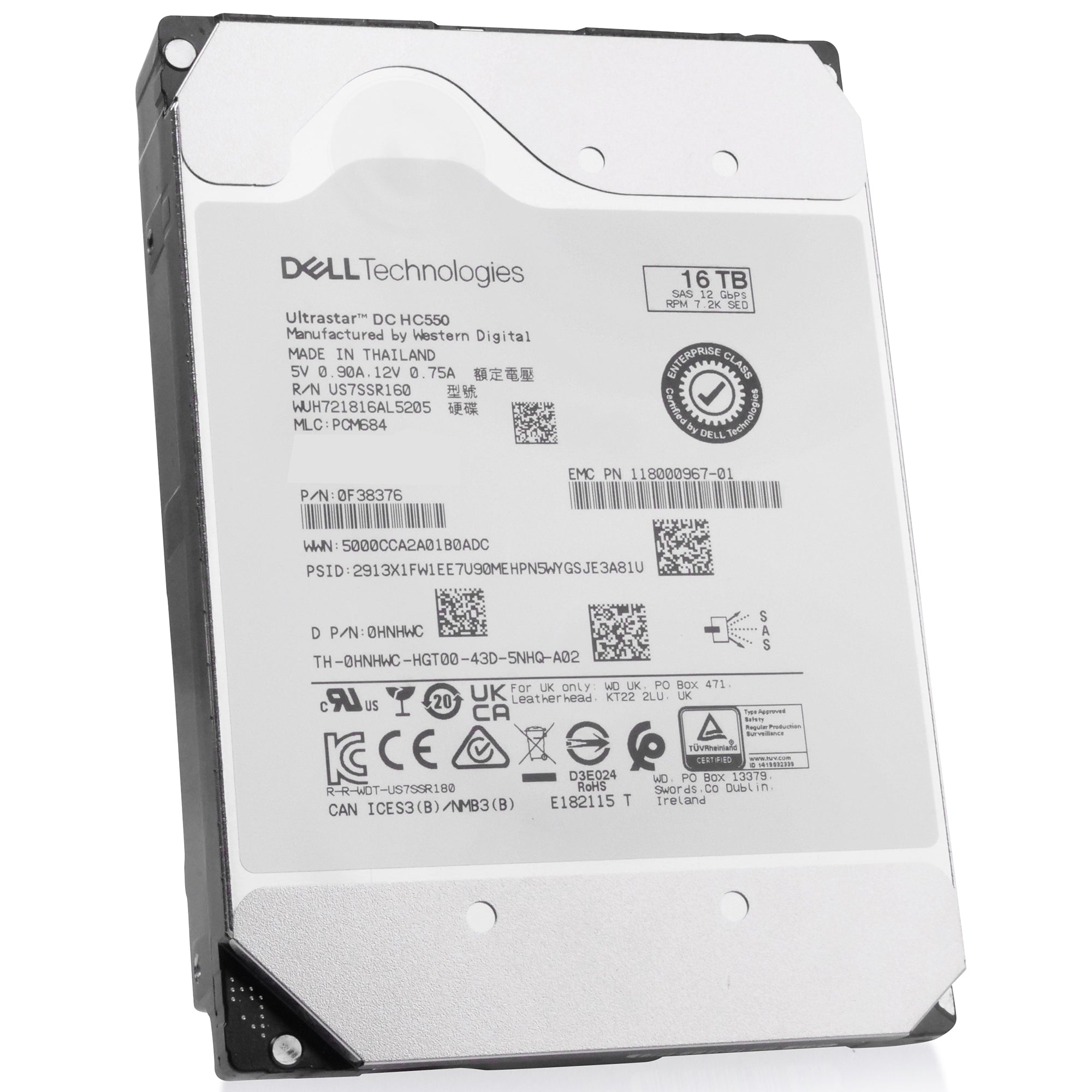 Dell/Western Digital Ultrastar DC HC550 WUH721816AL5205 0F38376 16TB 7.2K RPM SAS 12Gb/s 512e 3.5in Hard Drive