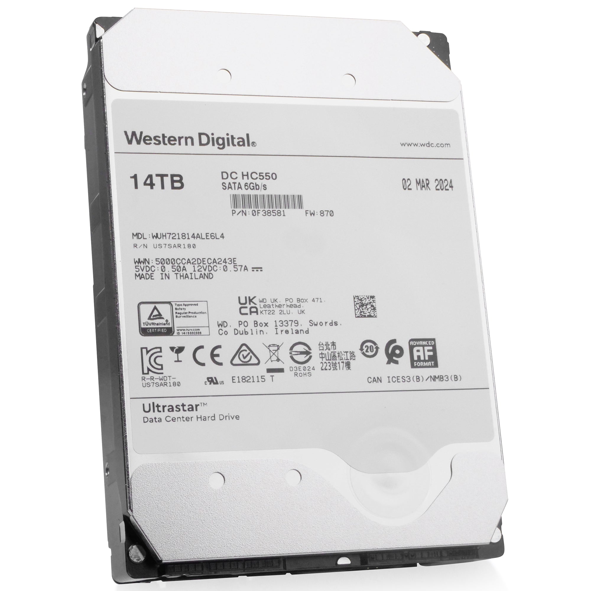 Western Digital Ultrastar DC HC550 WUH721814ALE6L4 0F38581 14TB 7.2K RPM SATA 6Gb/s 512e 3.5in Hard Drive