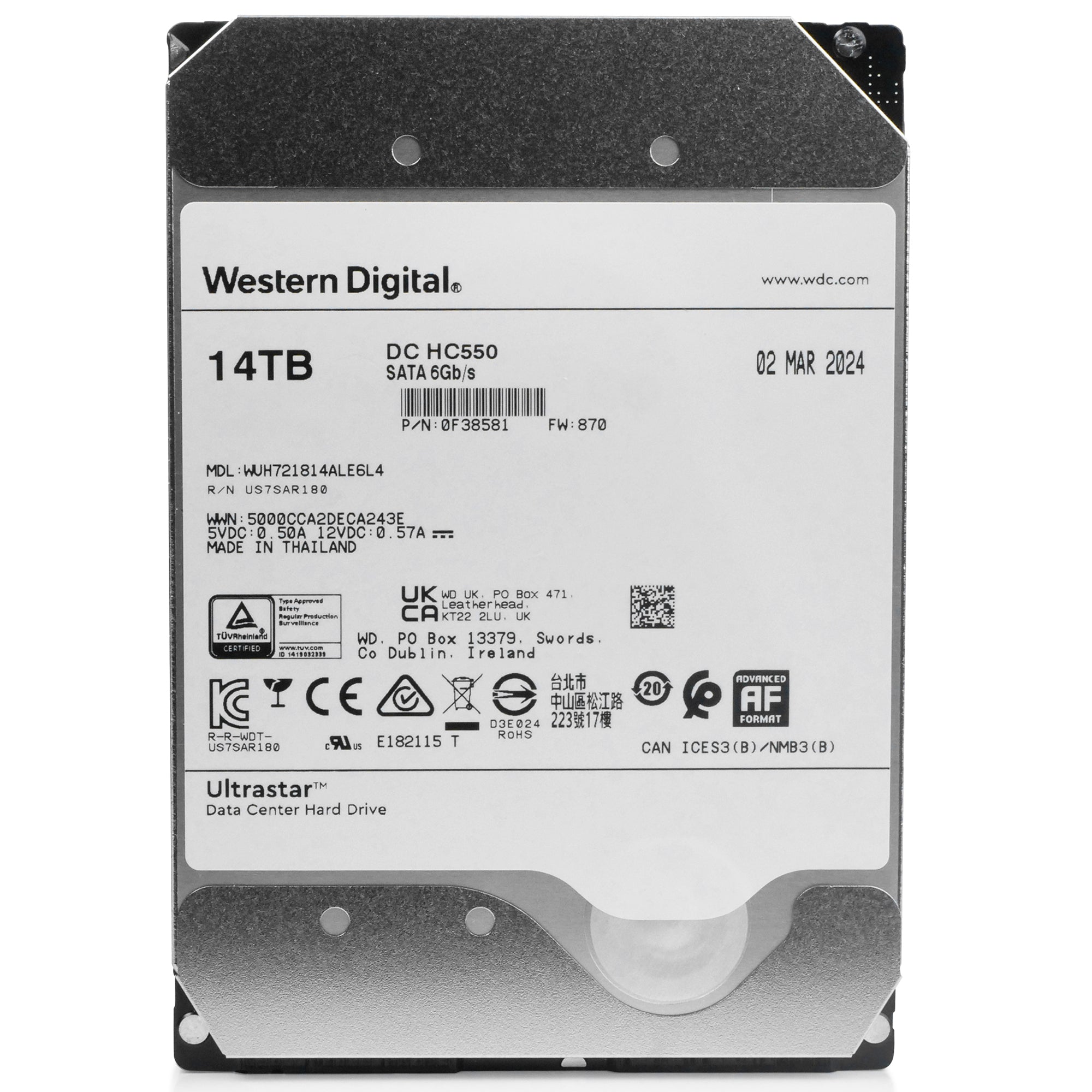 Western Digital Ultrastar DC HC550 WUH721814ALE6L4 0F38581 14TB 7.2K RPM SATA 6Gb/s 512e 3.5in Hard Drive