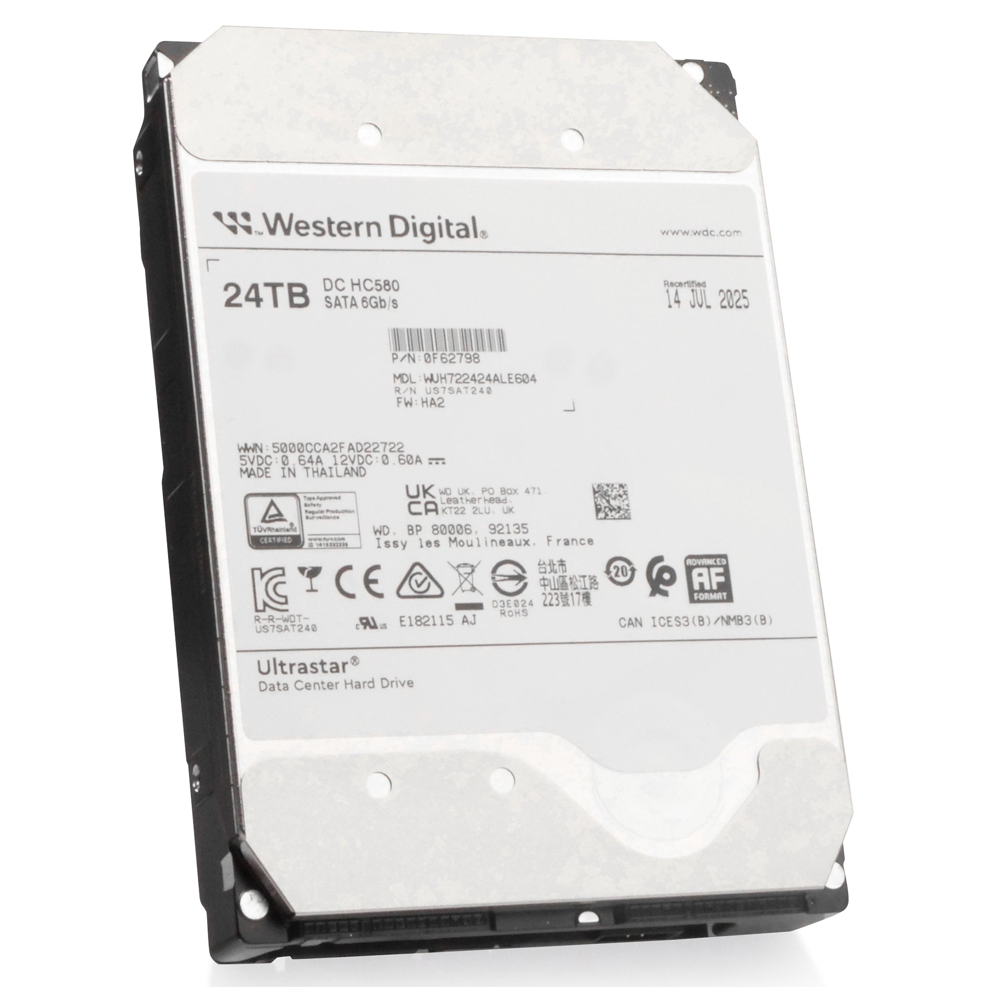 Western Digital Ultrastar DC HC580 WUH722424ALE604 0F62798 24TB 7.2K RPM SATA 6Gb/s 512e 3.5in Recertified Hard Drive