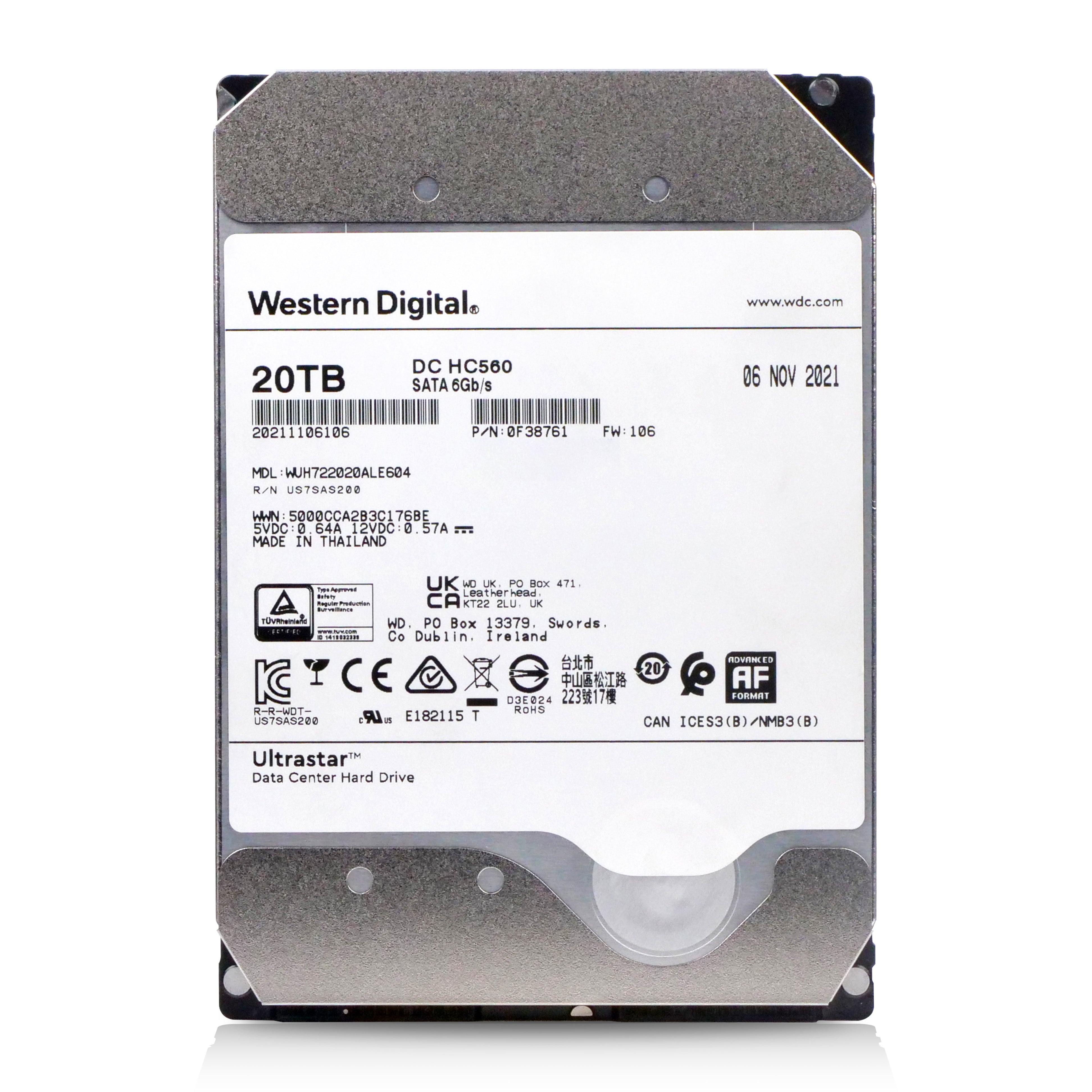 Western Digital Ultrastar DC HC560 WUH722020ALE604 0F38761 20TB 7.2K RPM SATA 6Gb/s 512e 3.5in Refurbished HDD