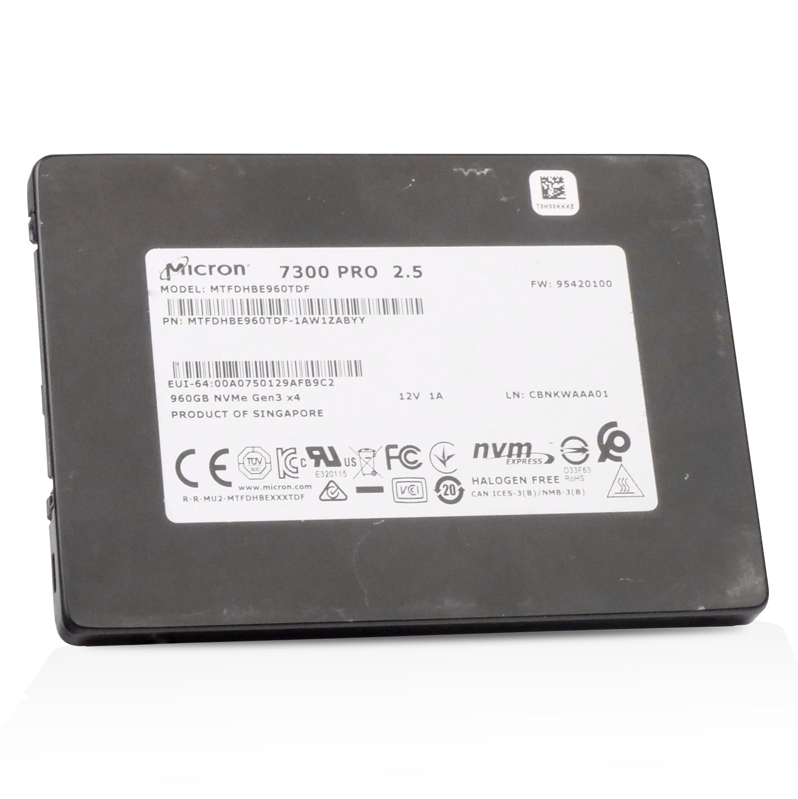 Micron 7300 PRO MTFDHBE960TDF 960GB 1 DWPD PCIe Gen 3.0 x4 4GB/s 3D TLC U.2 NVMe 2.5in Refurbished SSD