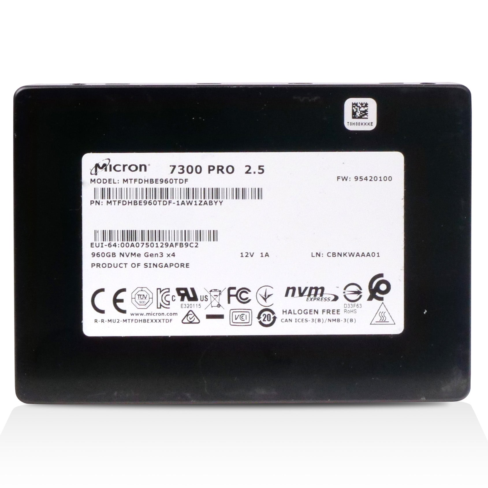 Micron 7300 PRO MTFDHBE960TDF 960GB 1 DWPD PCIe Gen 3.0 x4 4GB/s 3D TLC U.2 NVMe 2.5in Refurbished SSD