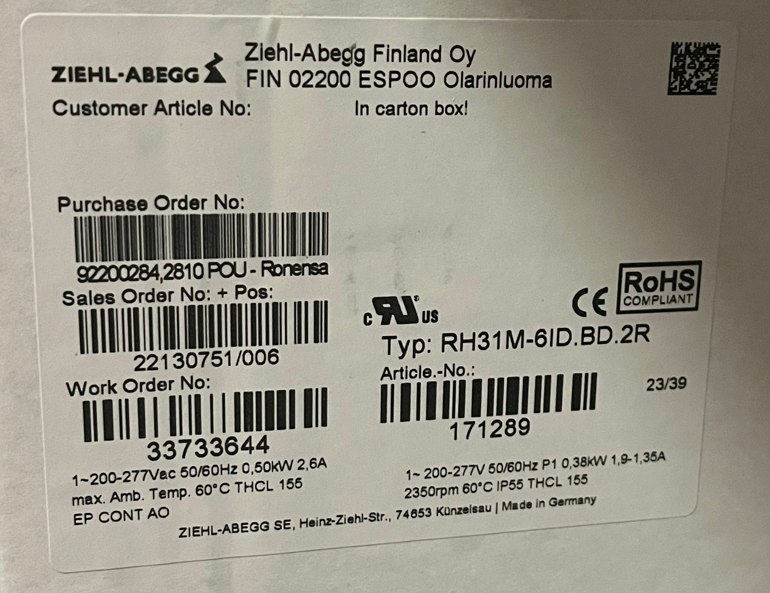 Brand new RH31M-6ID.BD.2R ZIEHL-ABEGG centrifugal fan 380/500W 200/277V 1.9/1.35A
