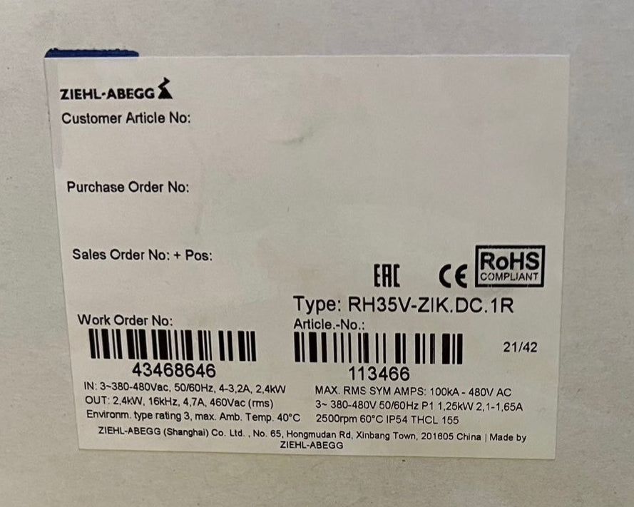 RH35V-ZIK.DC.1R ZIEHL-ABEGG centrifugal fan 380-400V 1.25kW 2.4-1.9A 2500RPM
