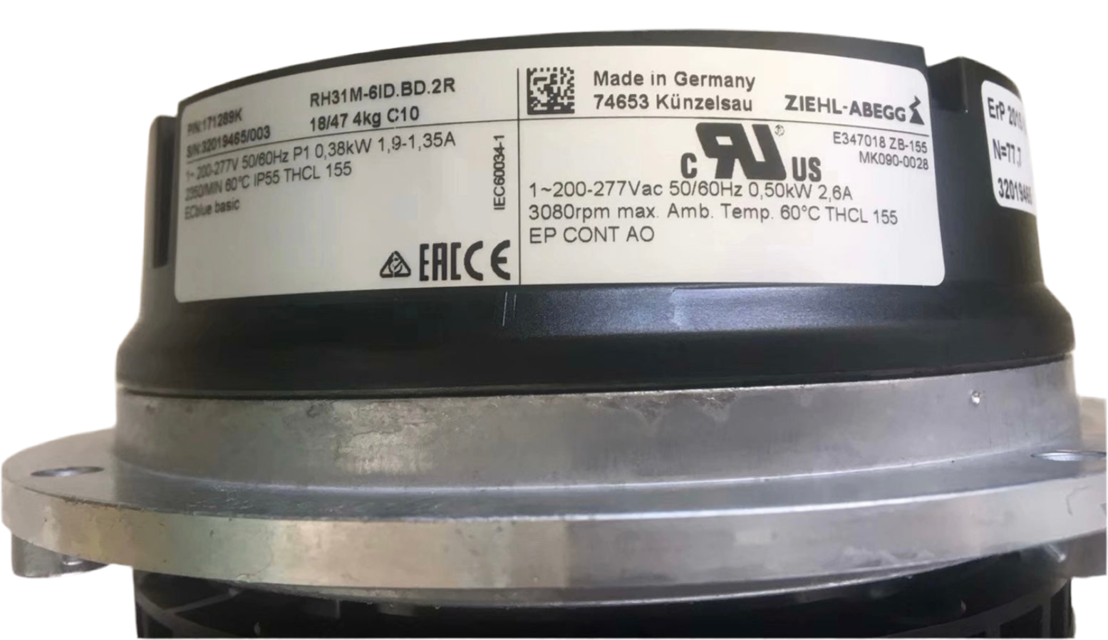 RH31M-6ID.BD.1R ZIEHL-ABEGG centrifugal fan 0.38 kW 1.90/1.35 A 200/277V