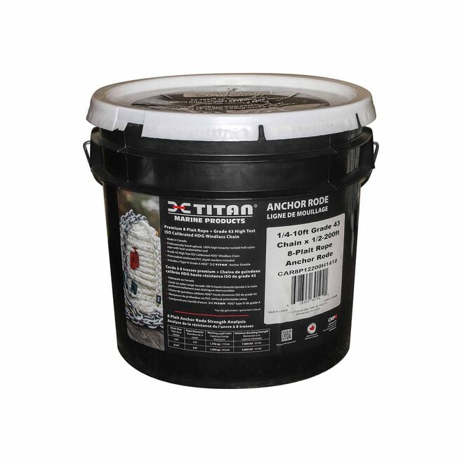 Titan Chain CAR8P12250H1415 Eight Strand Anchor Rode, 1/2" x 250' Line, 1/4" x 15' Chain