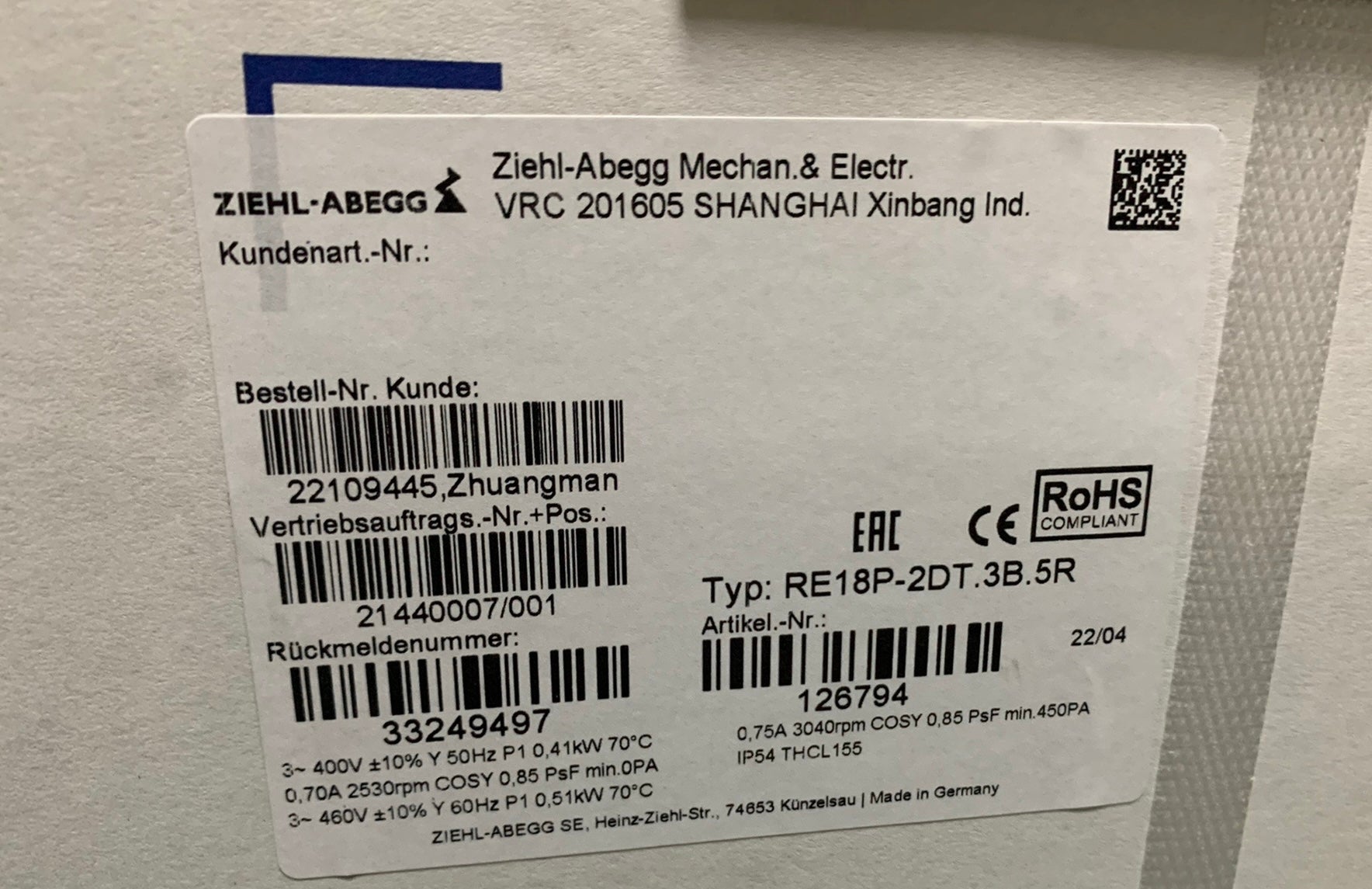 RE18P-2DT.3B.5R ZIEHL-ABEGG Centrifugal Fan