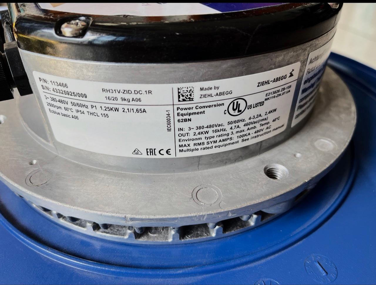 RH31C-ZIK.DC.1R ZIEHL-ABEGG centrifugal fan 380/480v 2.5kW 50/60HZ