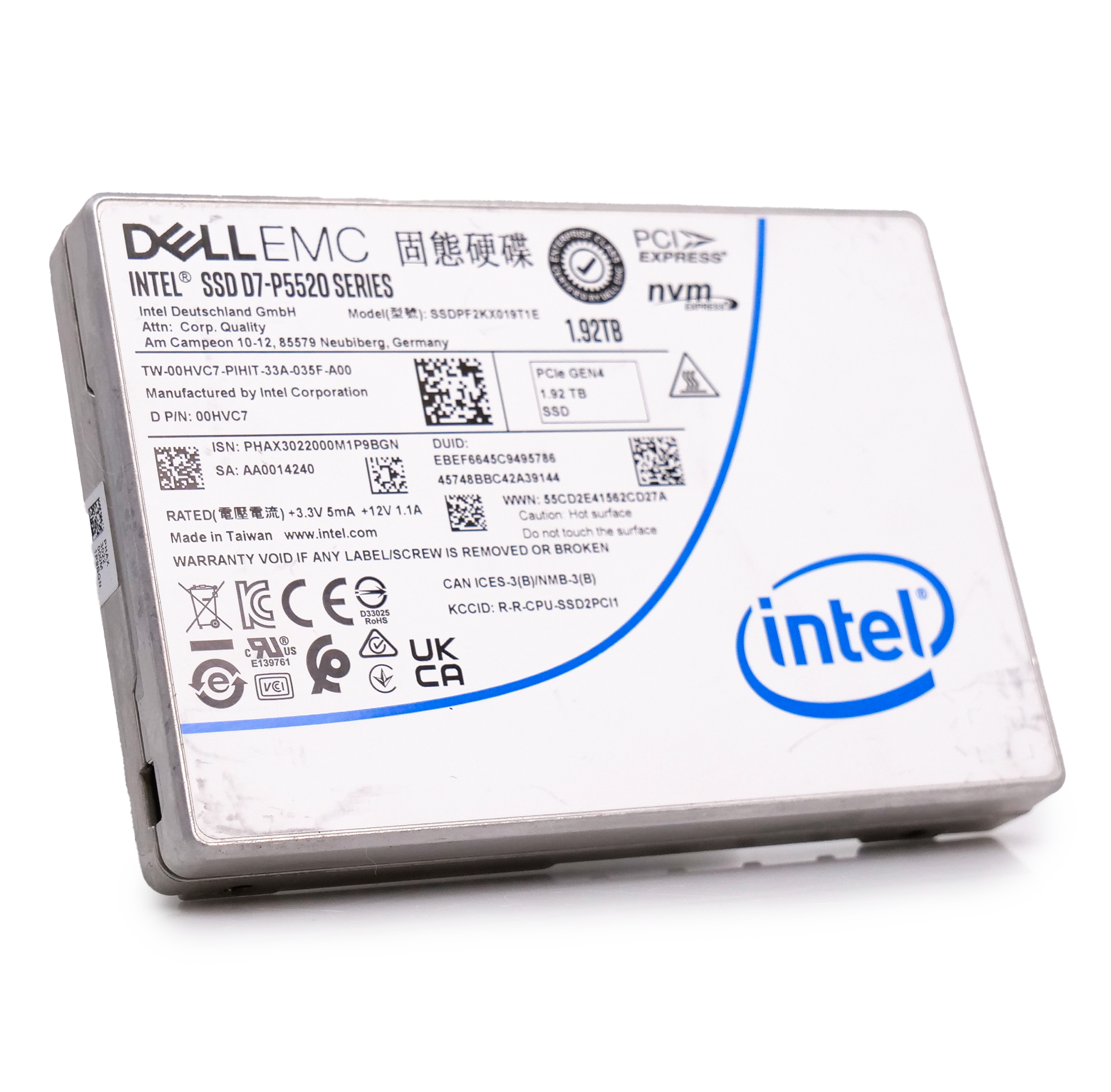 Intel/Dell P5520 SSDPF2KX019T1E 00HVC7 1.92TB 1 DWPD PCIe Gen 4.0 x4 8GB/s Mixed Use U.2 NVMe 2.5in Enterprise Solid State Drive