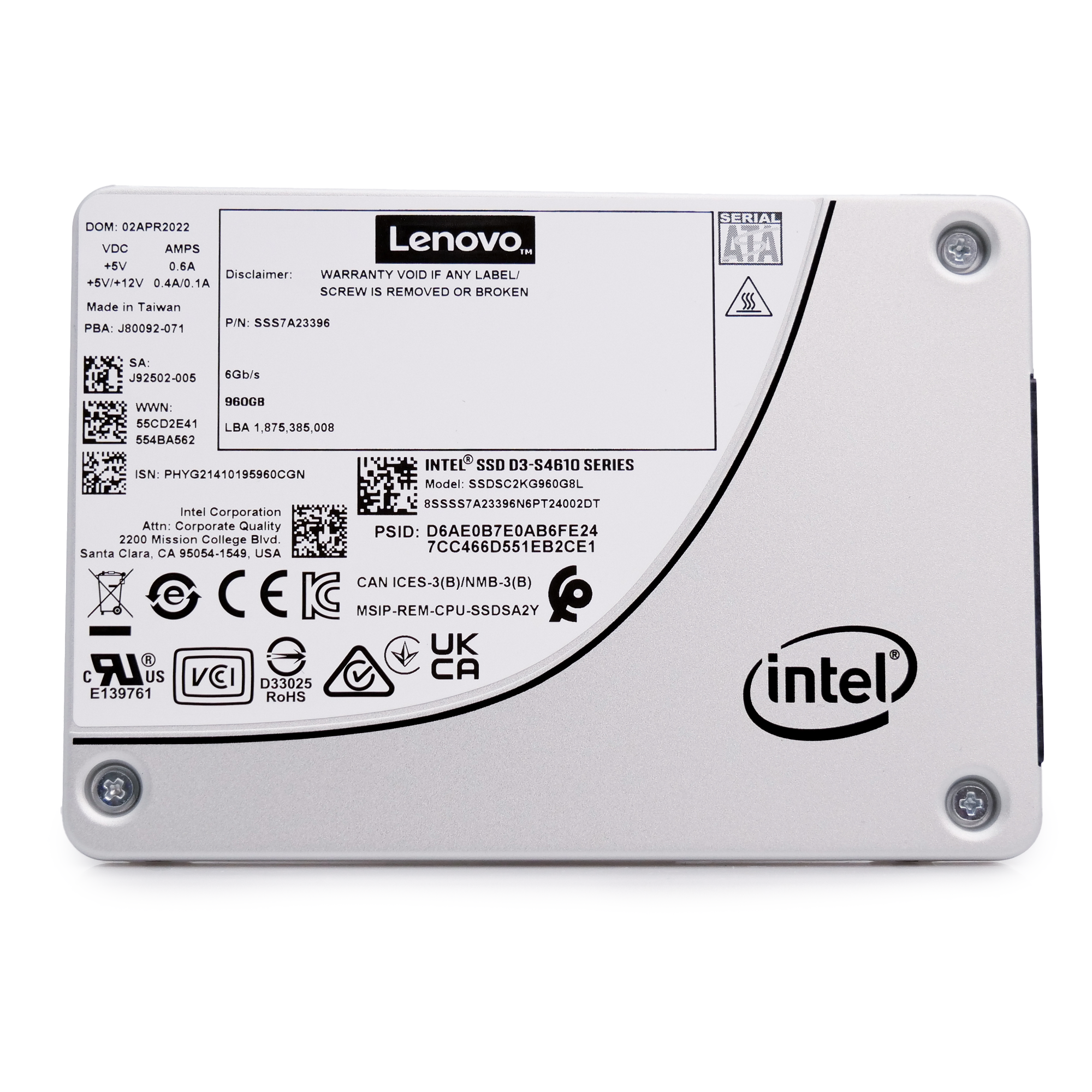 Intel/Lenovo S4610 SSDSC2KG960G8L1 960GB 3 DWPD SATA 6Gb/s 3D NAND TLC 2.5in Open Box Solid State Drive