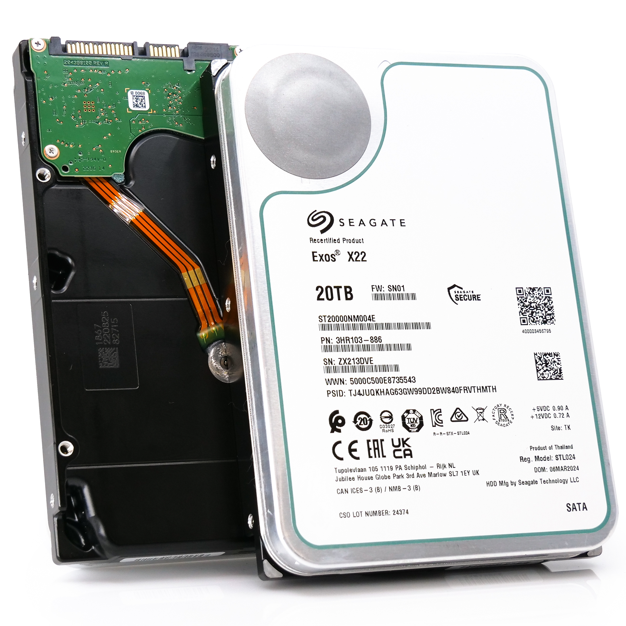 Seagate Exos X22 ST20000NM004E 20TB 7.2K RPM SATA 6Gb/s 512e 3.5in Recertified Hard Drive