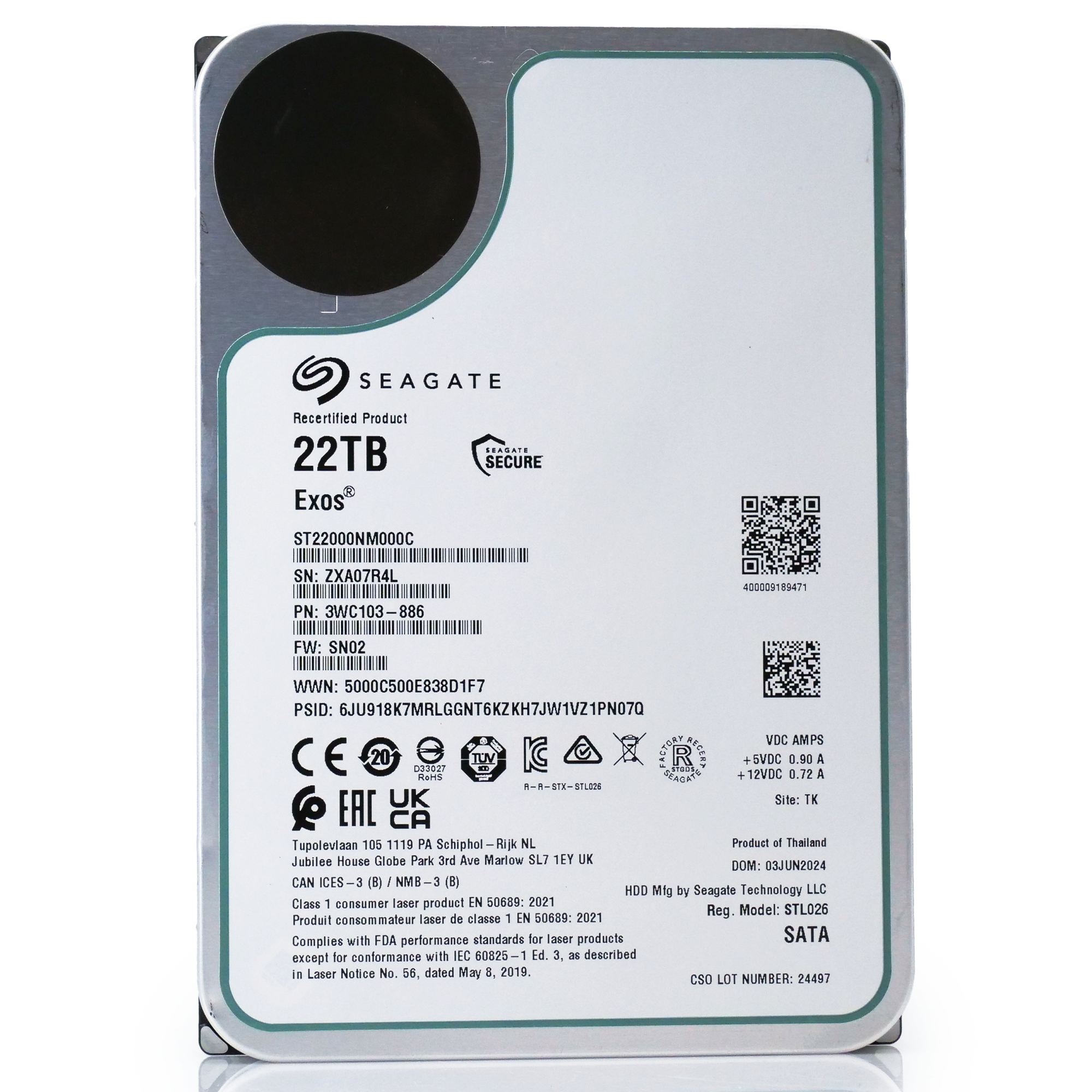 Seagate Exos ST22000NM000C 22TB 7.2K RPM SATA 6Gb/s 3.5in Refurbished HDD
