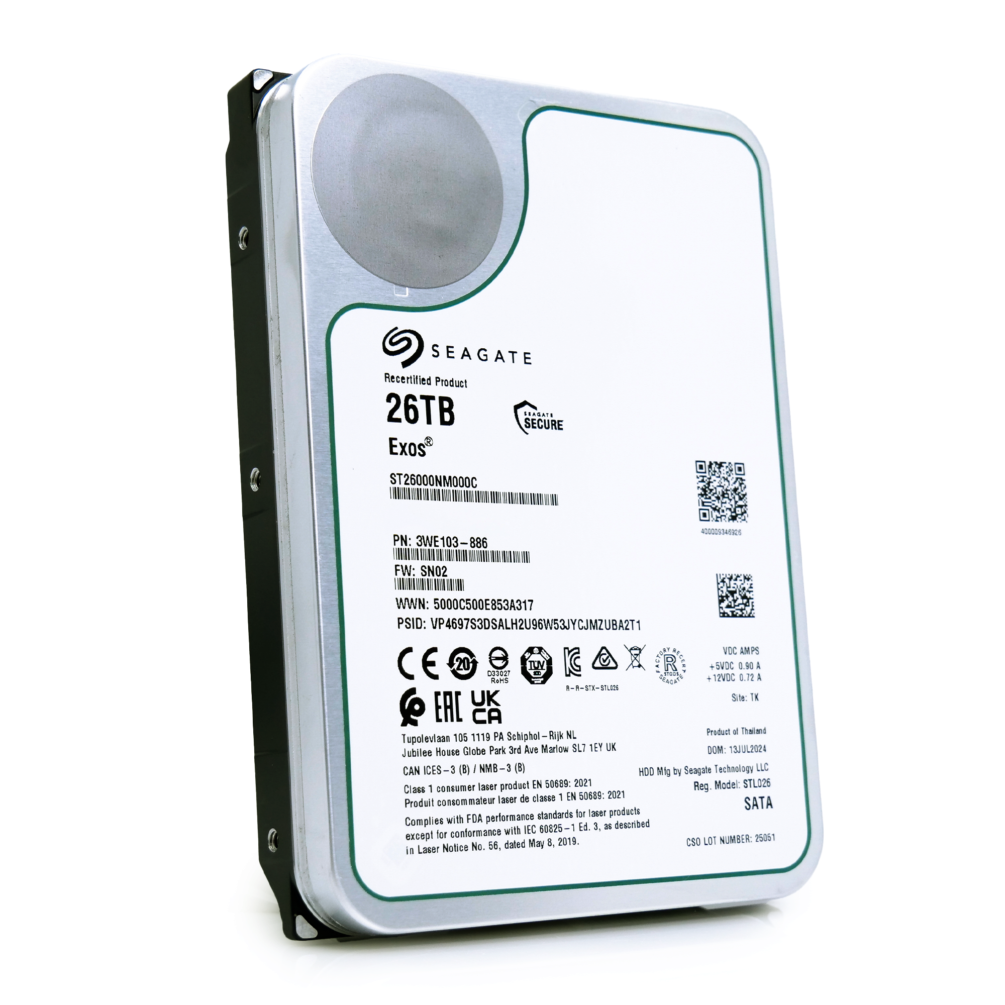 Seagate Exos ST26000NM000C 26TB 7.2K RPM SATA 6Gb/s 512e CMR 3.5in Refurbished HDD