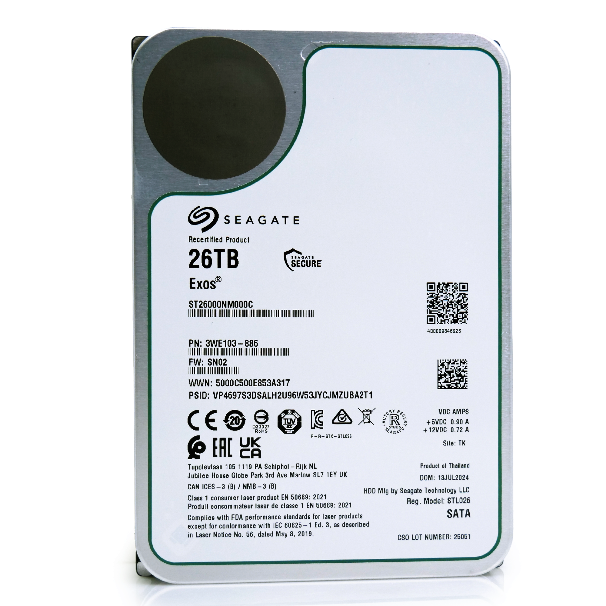 Seagate Exos ST26000NM000C 26TB 7.2K RPM SATA 6Gb/s 512e CMR 3.5in Refurbished HDD