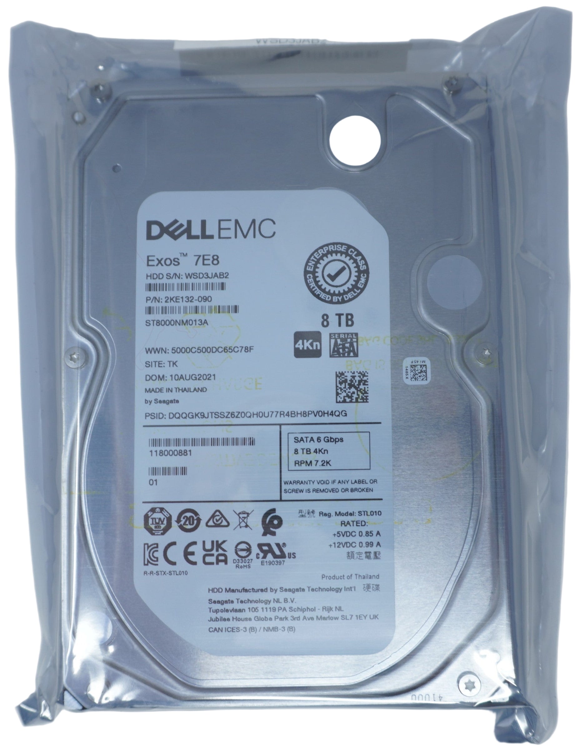 ST8000NM013A Dell 7E8 8TB 7.2K RPM SATA 6Gb/s 4Kn 3.5in Hard Drive