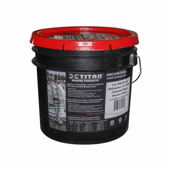 Titan Chain CAR3S91300H5120 Three Strand Anchor Rode, 9/16" x 200' Line, 5/16" x 20' Chain