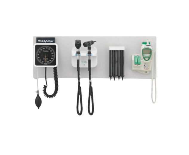 Welch Allyn Green Series 777 Integrated Wall System with Coaxial LED Ophthalmoscope, MacroView Basic LED Otoscope, BP Aneroid, Ear Specula Dispenser, and SureTemp Plus Thermometer