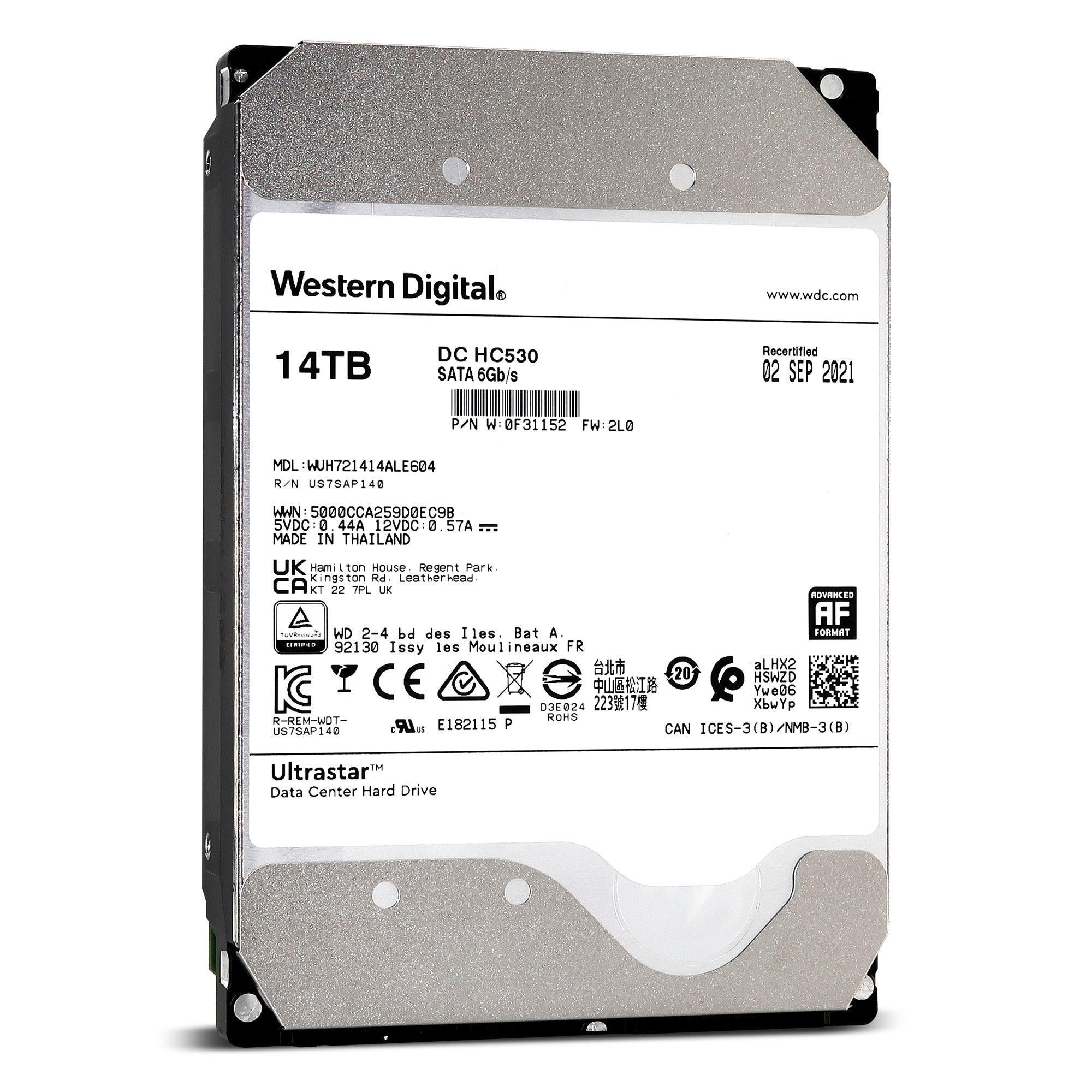 Western Digital Ultrastar DC HC530 WUH721414ALE604 14TB 7.2K RPM SATA 6Gb/s 512e Power Disable 3.5in Recertified Hard Drive