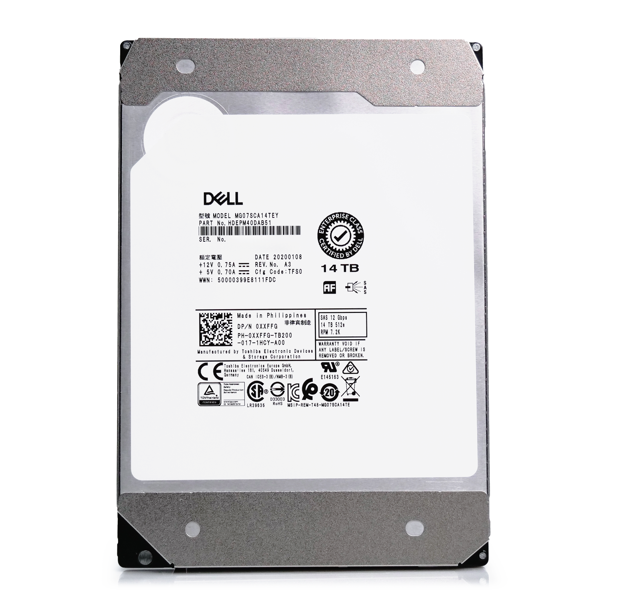 Dell/Toshiba MG07 MG07SCA14TEY HDEPM40DAB51 14TB 7.2K RPM SAS 12Gb/s 512e 3.5in Hard Drive