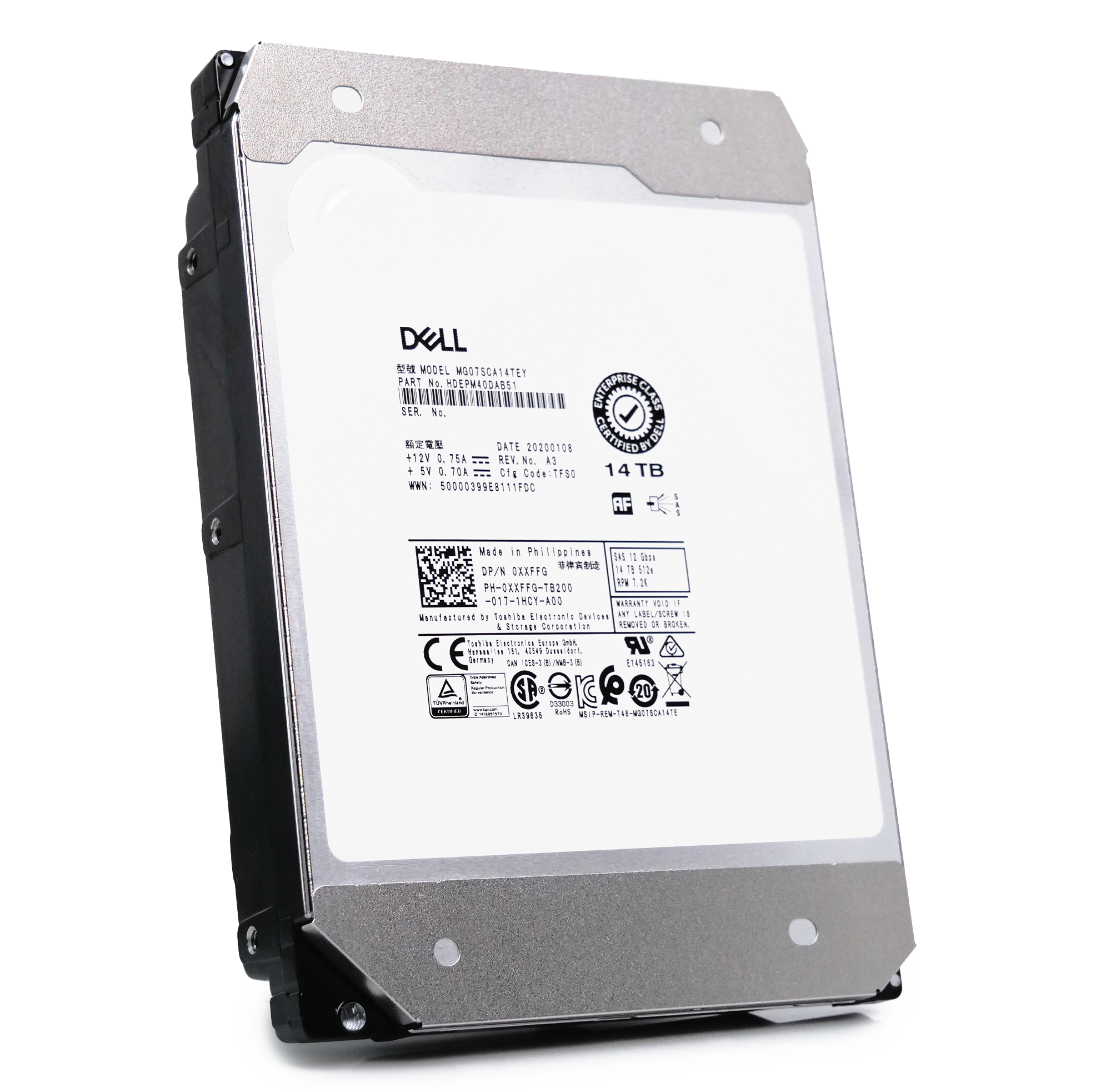 Dell/Toshiba MG07 MG07SCA14TEY HDEPM40DAB51 14TB 7.2K RPM SAS 12Gb/s 512e 3.5in Hard Drive