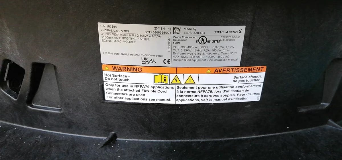 ZIEHL-ABEGG ZN080-ZIQ.GL.V7P3 High-Efficiency Axial Fan - 2.8KW 1100RPM Industrial