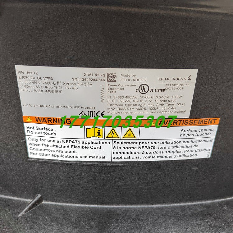 ZN080-ZIL.GL.V7P3 ZIEHL-ABEGG Axial Fan 380/480V Heavy-Duty Industrial Cooling Solution