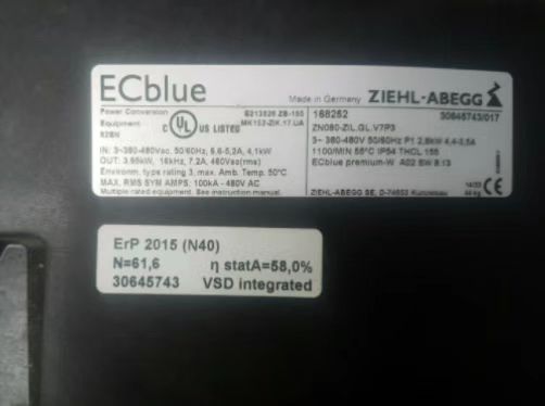 ZIEHL-ABEGG ZN080-ZIQ.GL.V7P3 High-Efficiency Axial Fan - 2.8KW 1100RPM Industrial